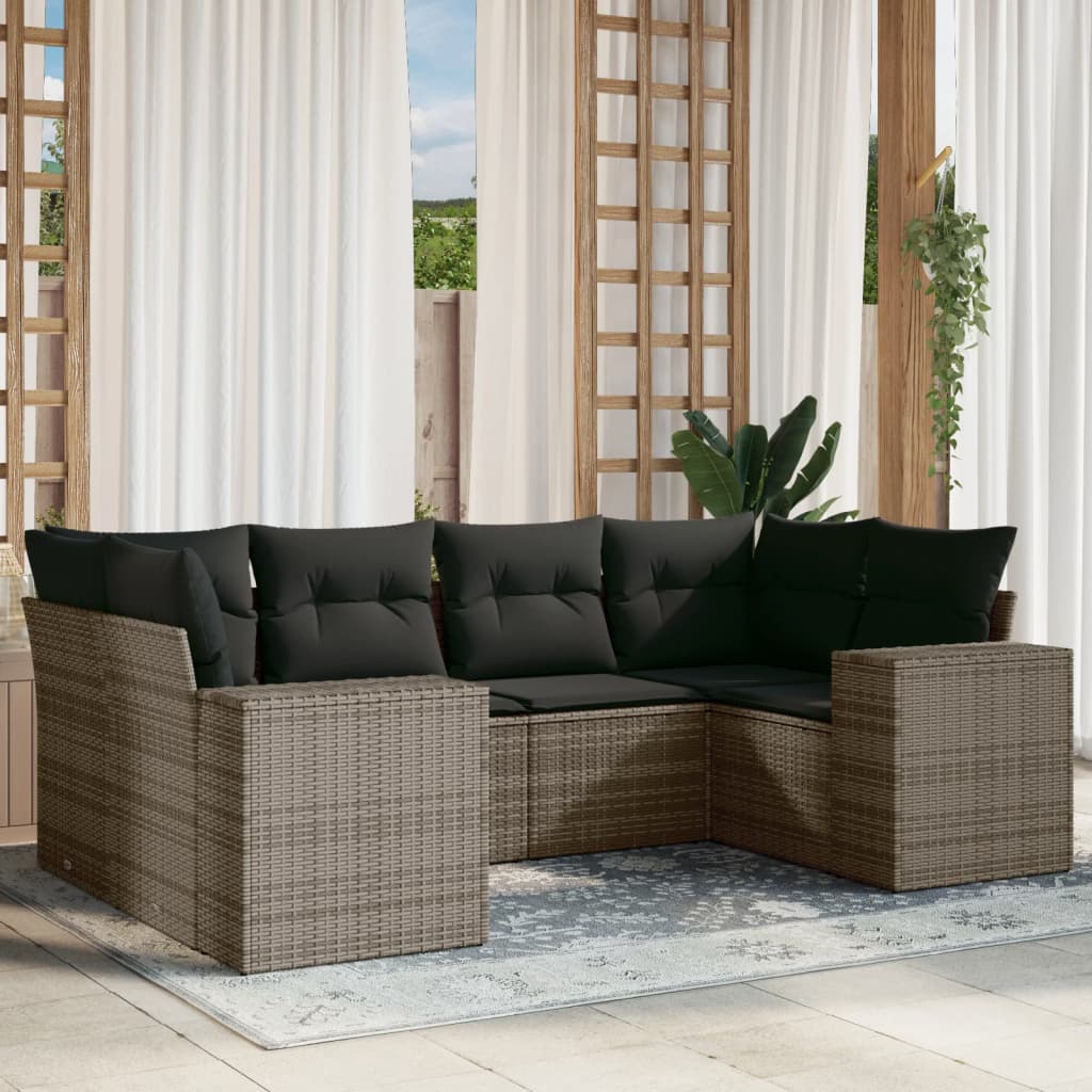 6 Pcs conjunto sofás de jardim com almofadões vime cinzento