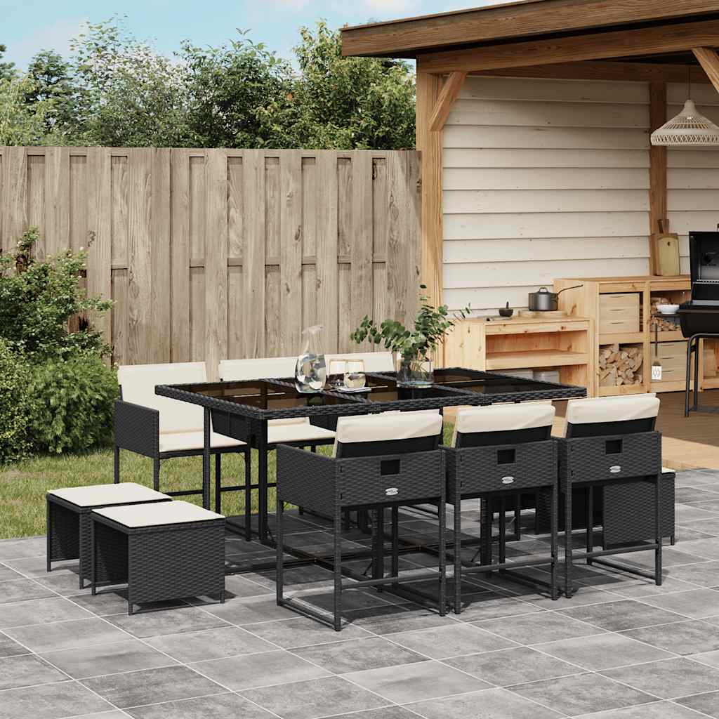 11 Pcs conjunto de jantar p/ jardim c/ almofadões vime PE preto