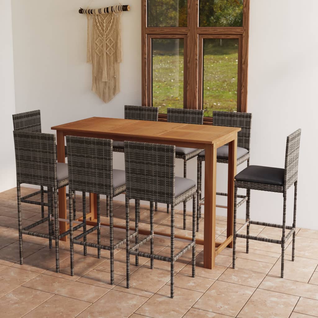 9 Pcs conjunto de bar para jardim com almofadões cinzento