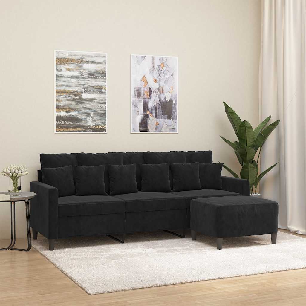 Sofá de 3 lugares com apoio de pés 180 cm veludo preto