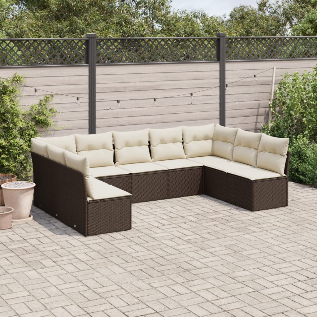 9 Pcs conjunto sofás p/ jardim c/ almofadões vime PE castanho