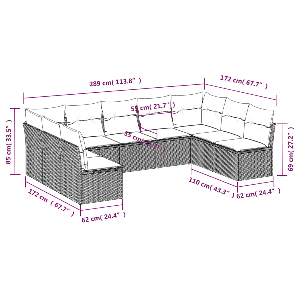 9 Pcs conjunto sofás p/ jardim c/ almofadões vime PE castanho