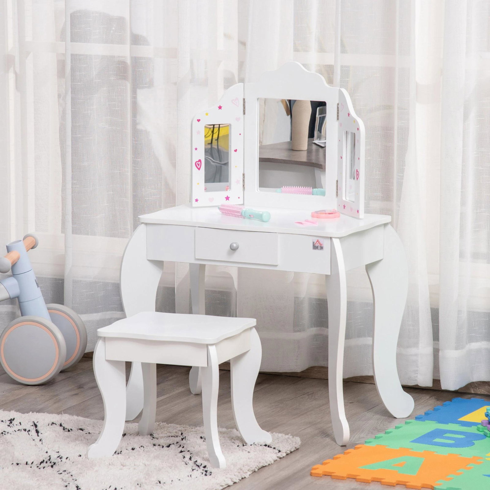 Toucador Infantil de Madeira com Banco e Espelho de Acrílico de 2 Sessões Mesa de Maquilhagem Infantil com Gaveta para Dormitóri