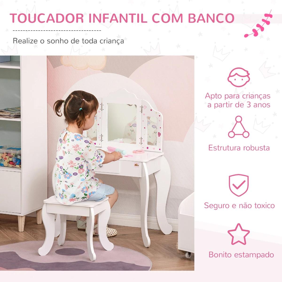 Toucador Infantil de Madeira com Banco e Espelho de Acrílico de 2 Sessões Mesa de Maquilhagem Infantil com Gaveta para Dormitóri