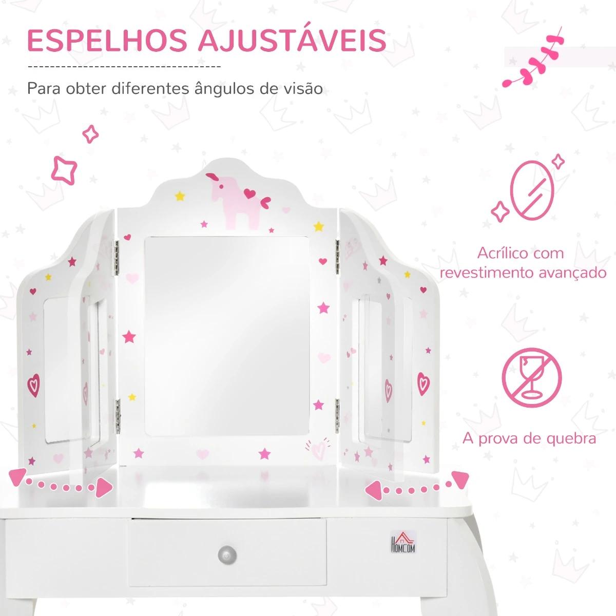 Toucador Infantil de Madeira com Banco e Espelho de Acrílico de 2 Sessões Mesa de Maquilhagem Infantil com Gaveta para Dormitóri