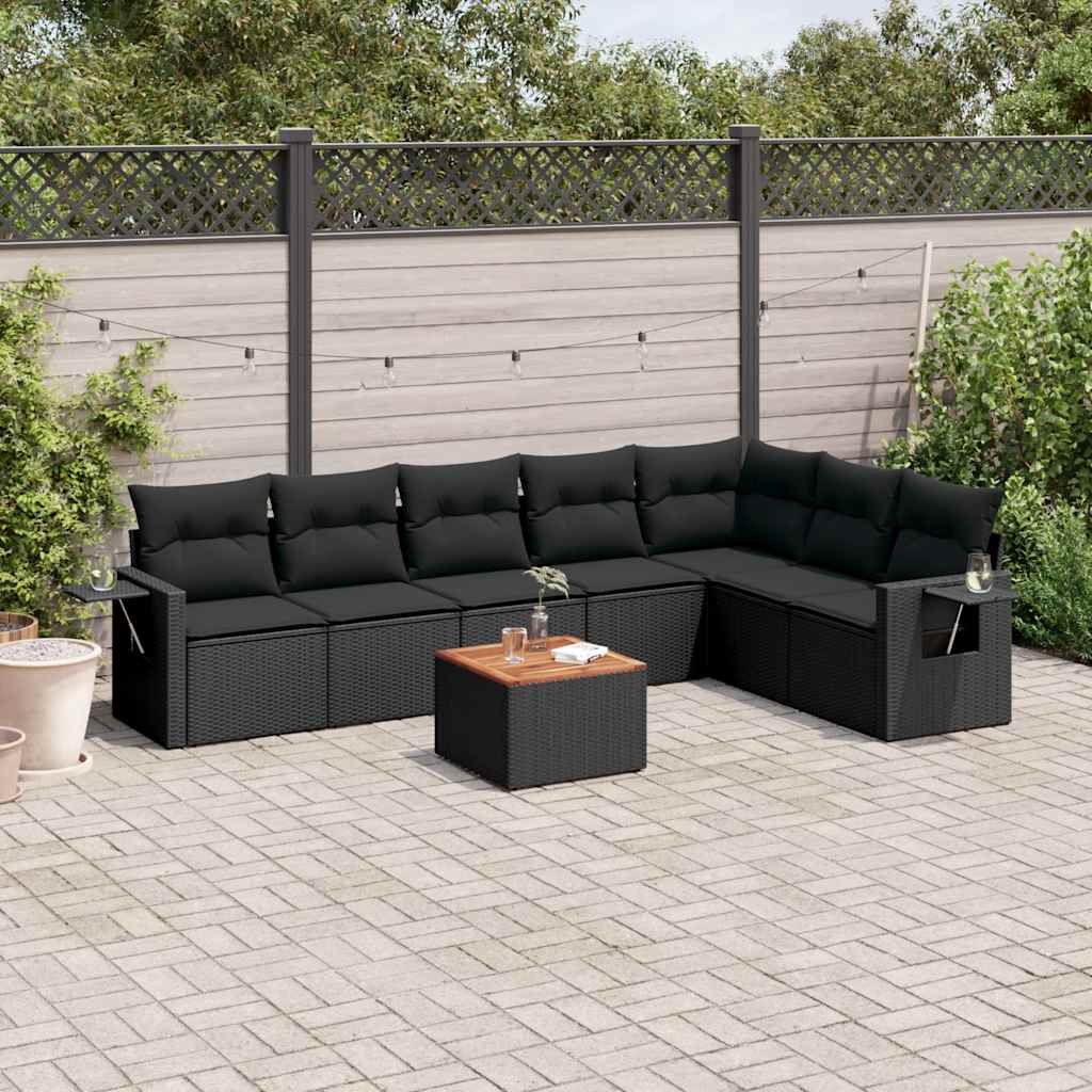 8 Pcs conjunto sofás de jardim com almofadões vime PE preto