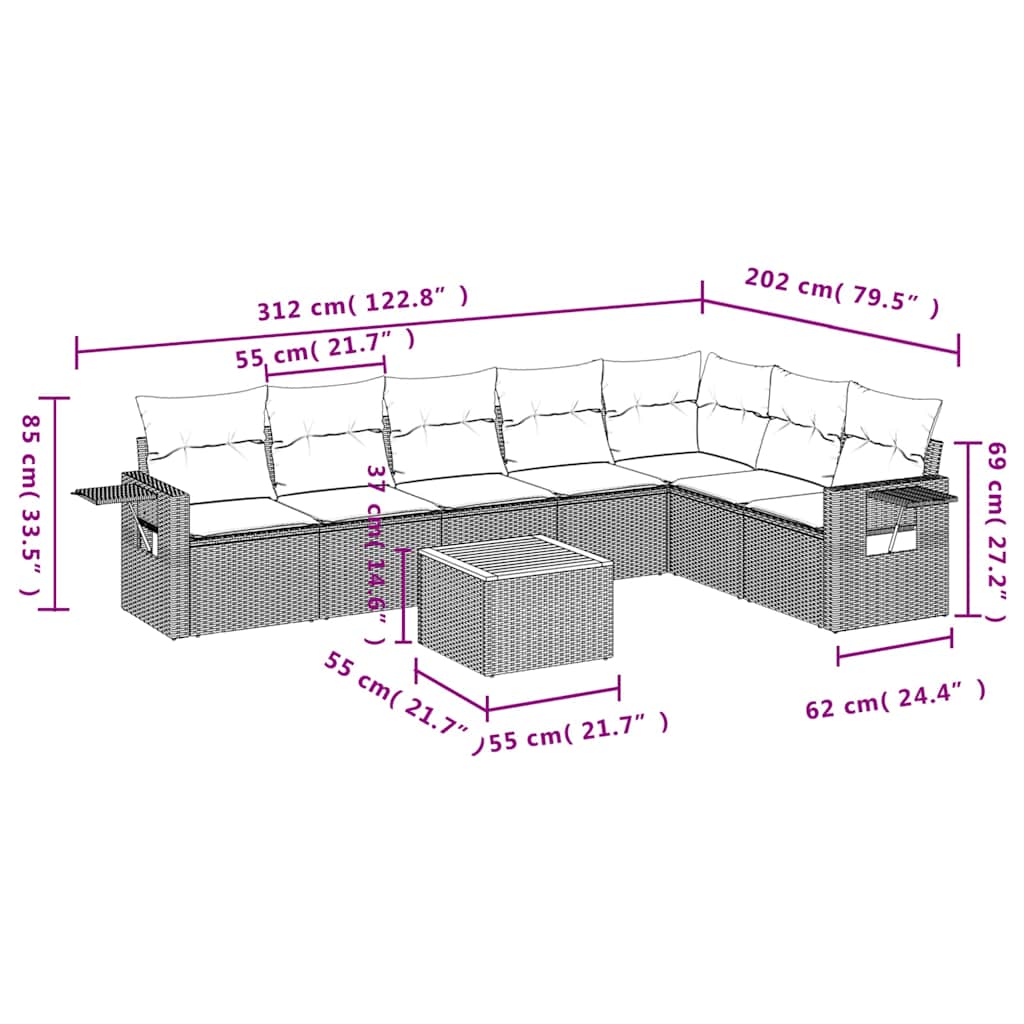 8 Pcs conjunto sofás de jardim com almofadões vime PE preto