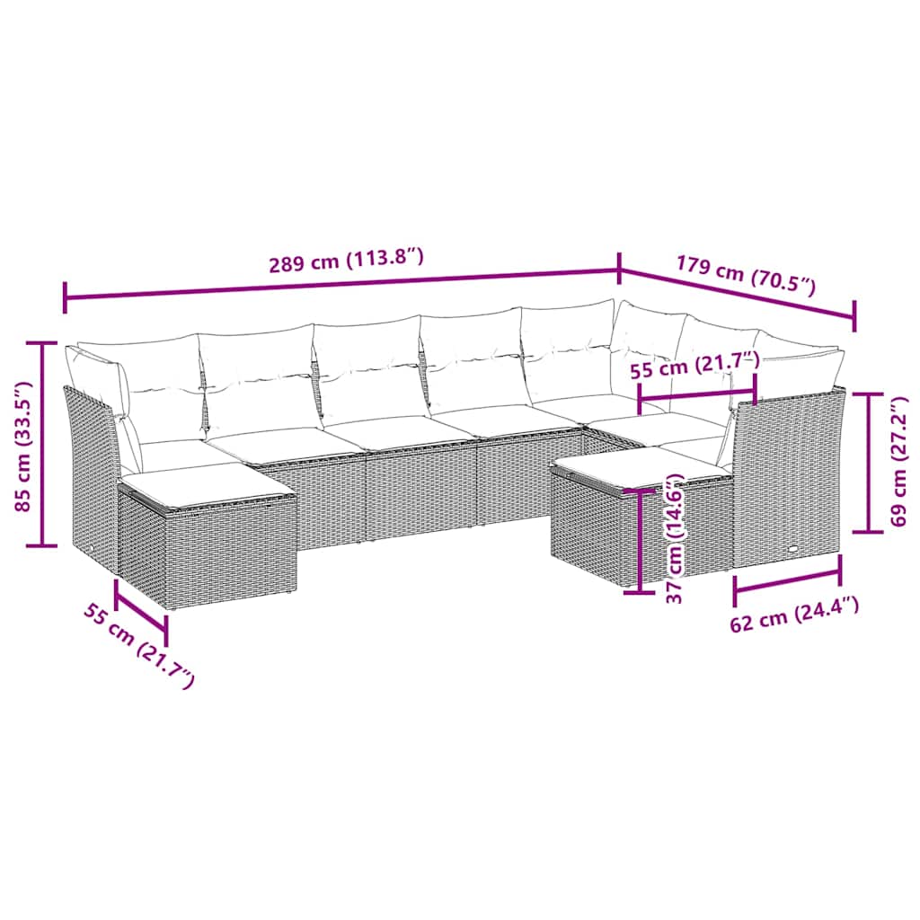 9 Pcs conjunto de sofás p/ jardim c/ almofadões vime PE preto