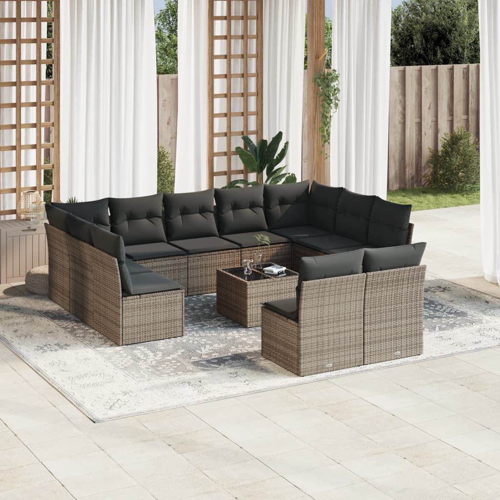 12 Pcs conjunto de sofás jardim c/ almofadões vime PE cinzento