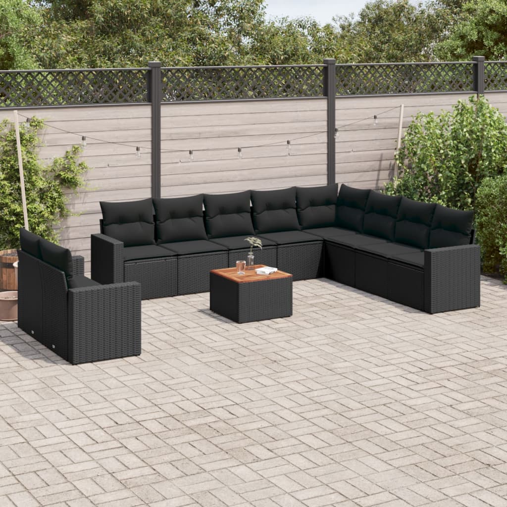 11 Pcs conjunto sofás de jardim c/ almofadões vime PE preto