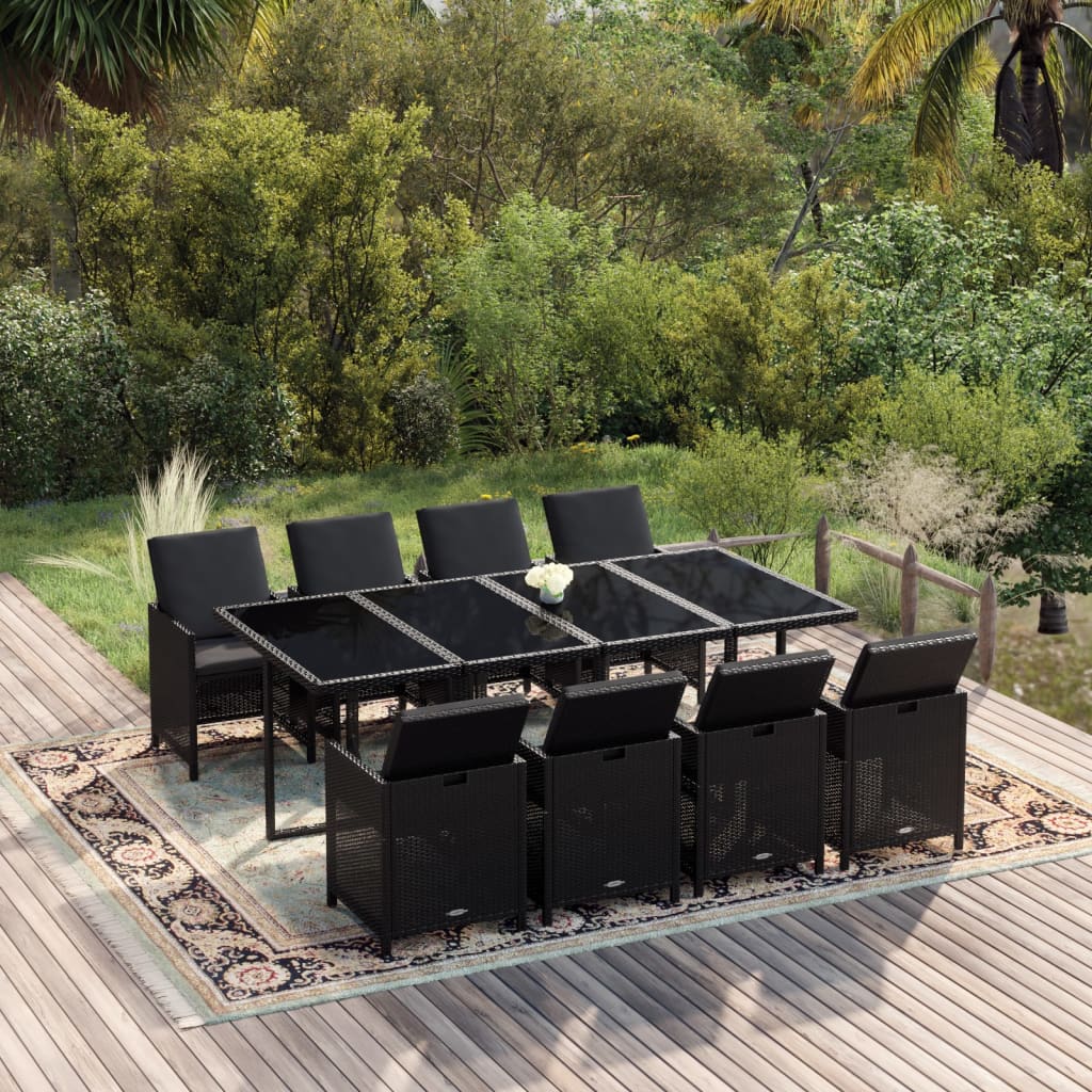 9 Pcs conjunto de jantar p/ jardim c/ almofadões vime PE preto