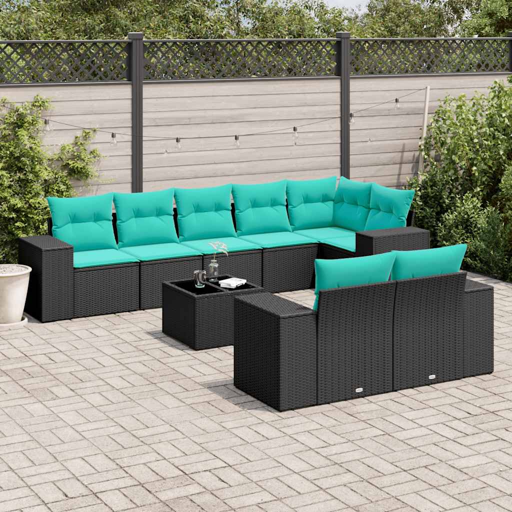 Conjunto de sofá de jardim de 9 peças com almofadas em rattan sintético preto