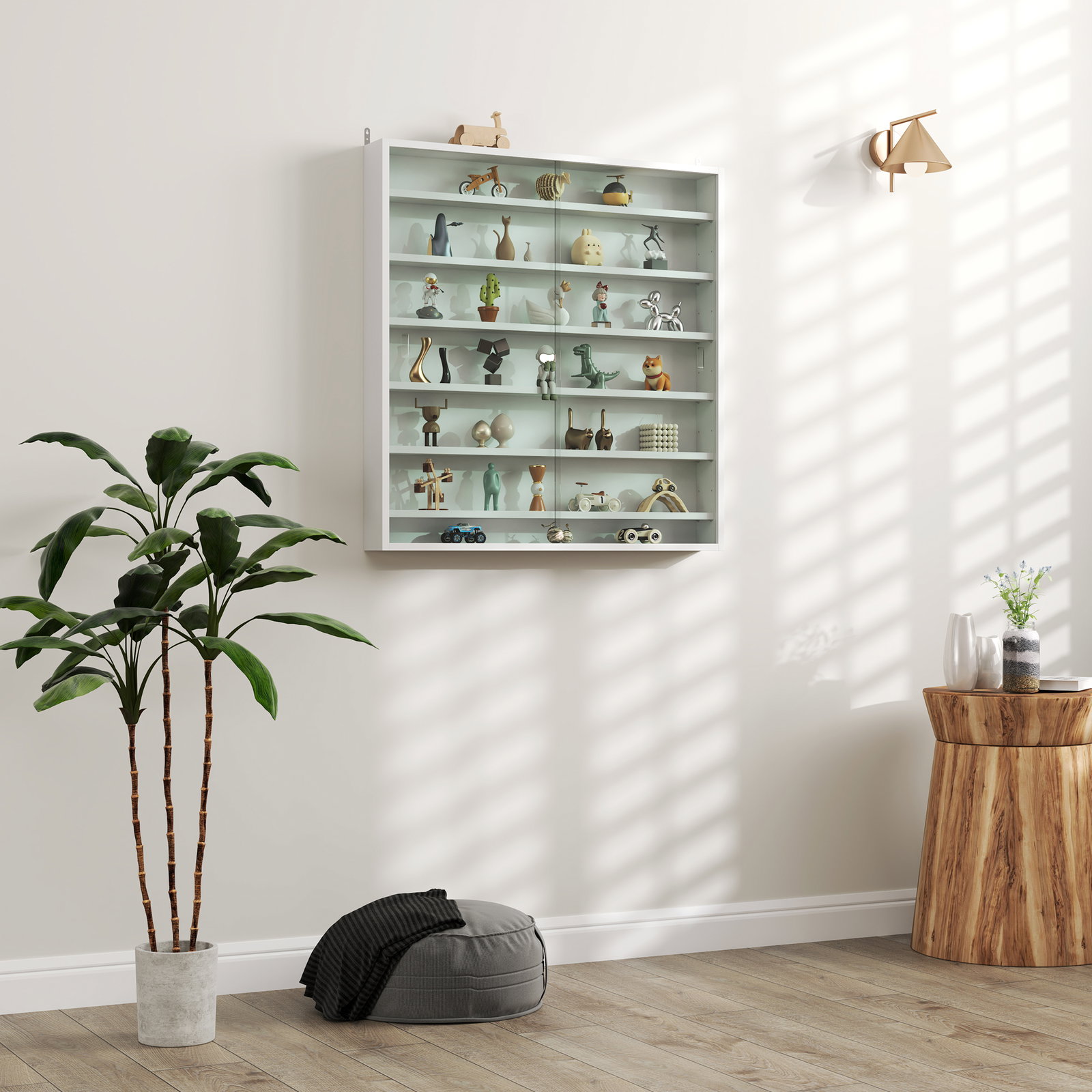 Vitrina de parede em madeira com prateleiras ajustáveis e 2 portas deslizantes de vidro 80x9,5x83 cm branco