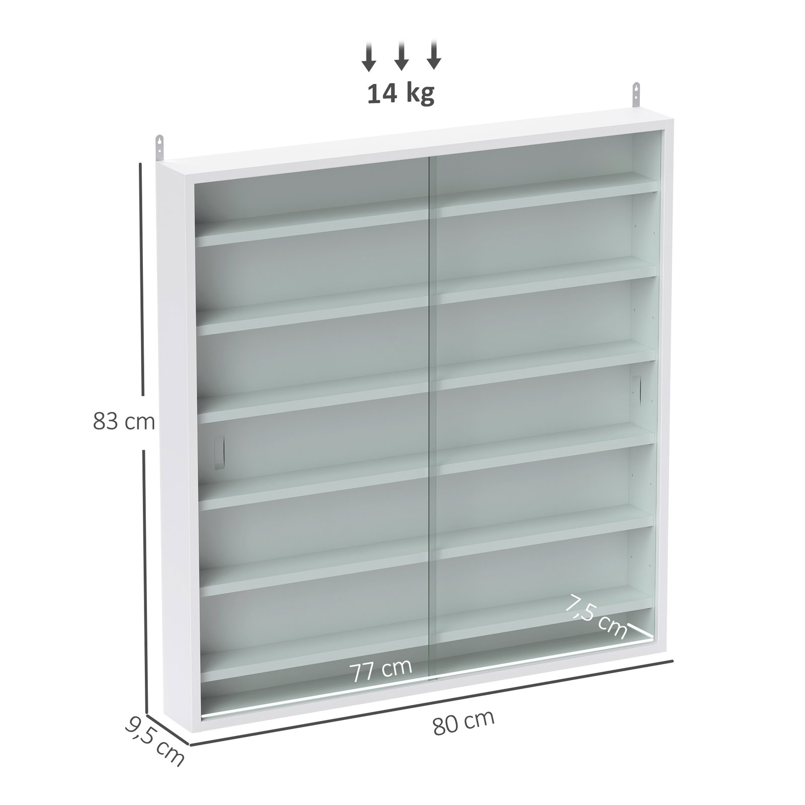 Vitrina de parede em madeira com prateleiras ajustáveis e 2 portas deslizantes de vidro 80x9,5x83 cm branco