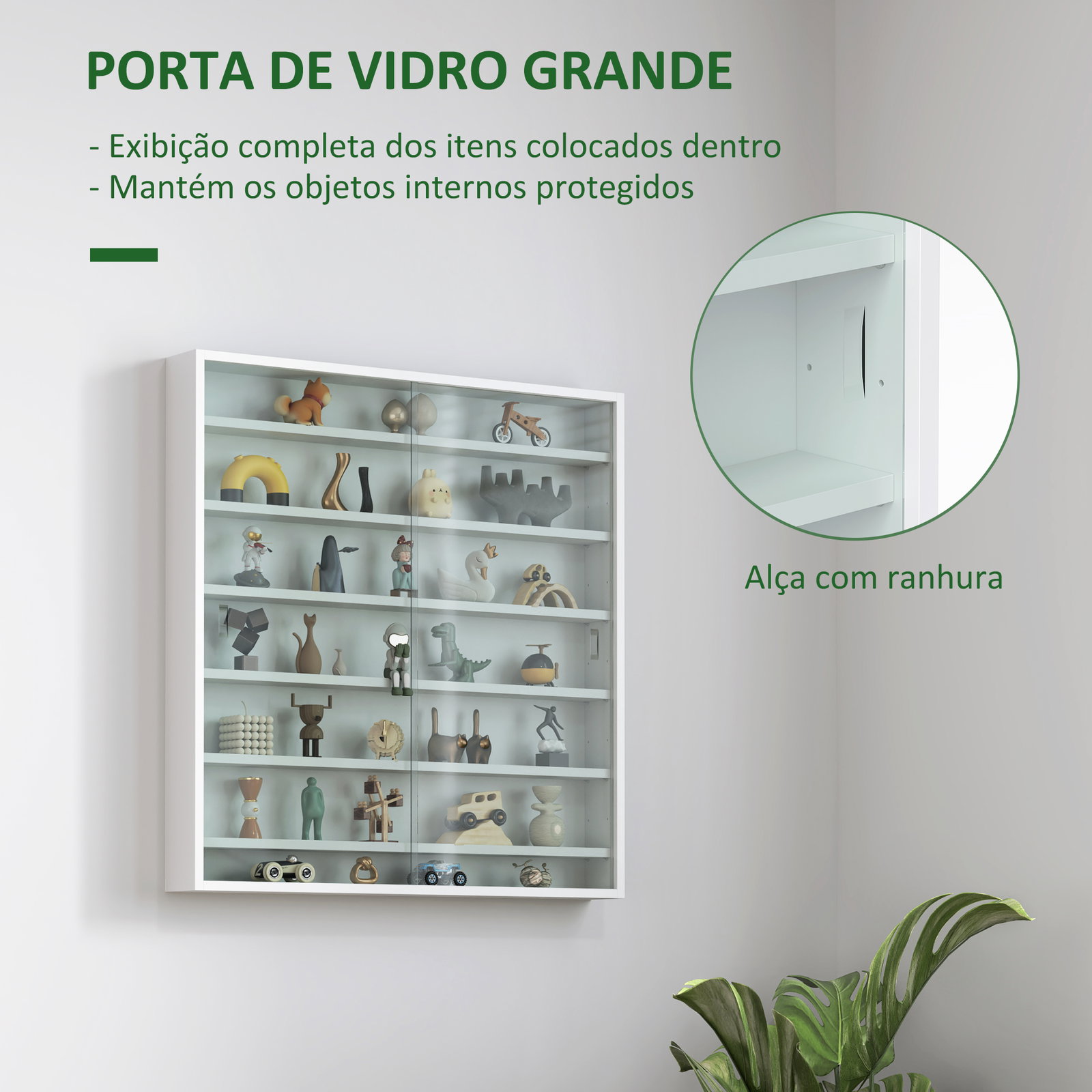 Vitrina de parede em madeira com prateleiras ajustáveis e 2 portas deslizantes de vidro 80x9,5x83 cm branco