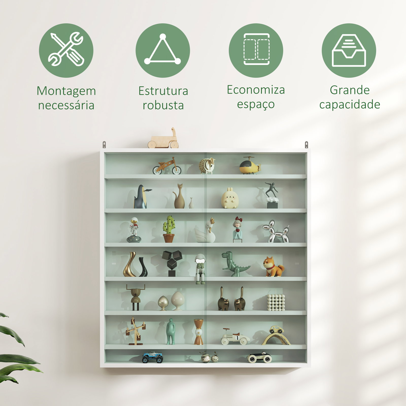 Vitrina de parede em madeira com prateleiras ajustáveis e 2 portas deslizantes de vidro 80x9,5x83 cm branco