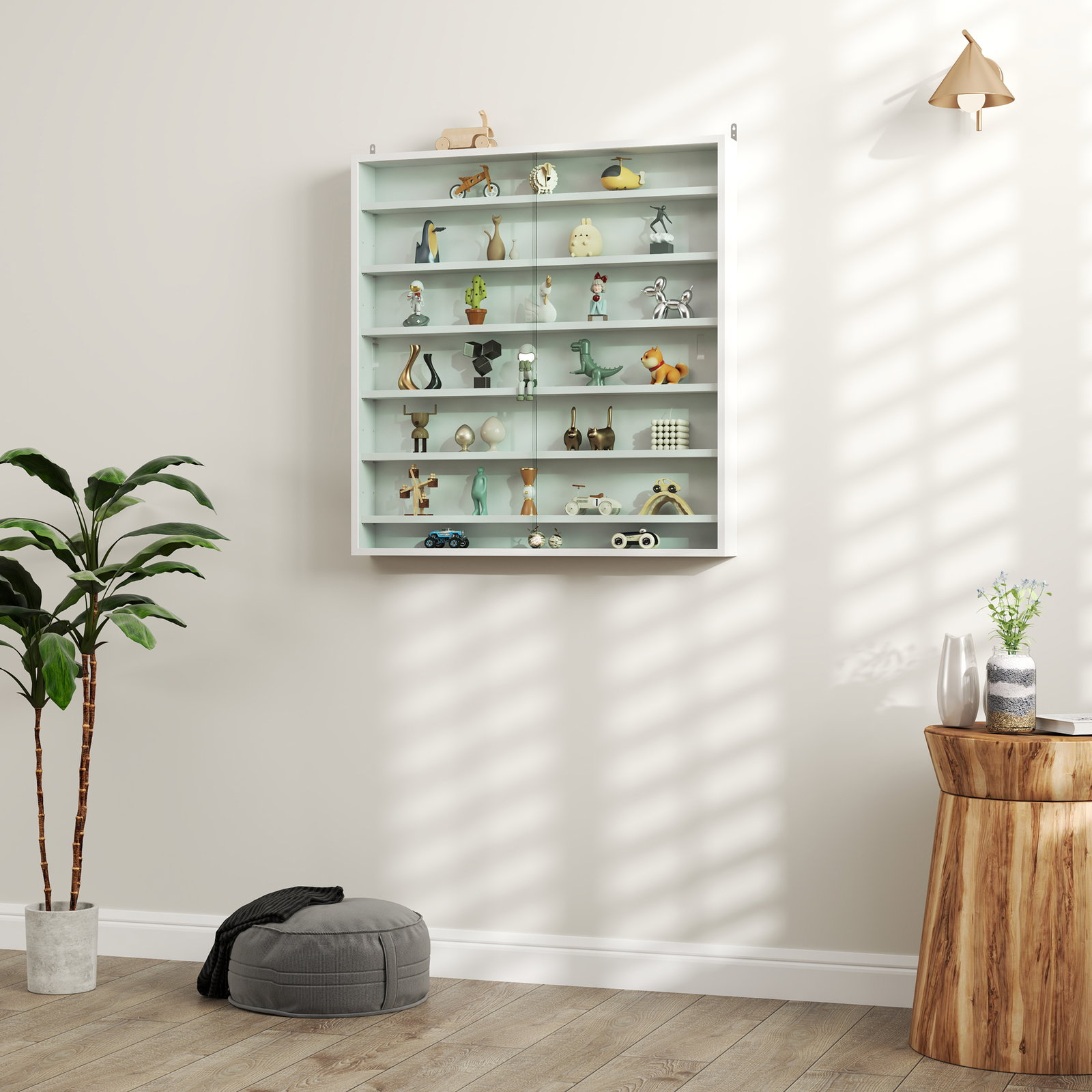 Vitrina de parede em madeira com prateleiras ajustáveis e 2 portas deslizantes de vidro 80x9,5x83 cm branco