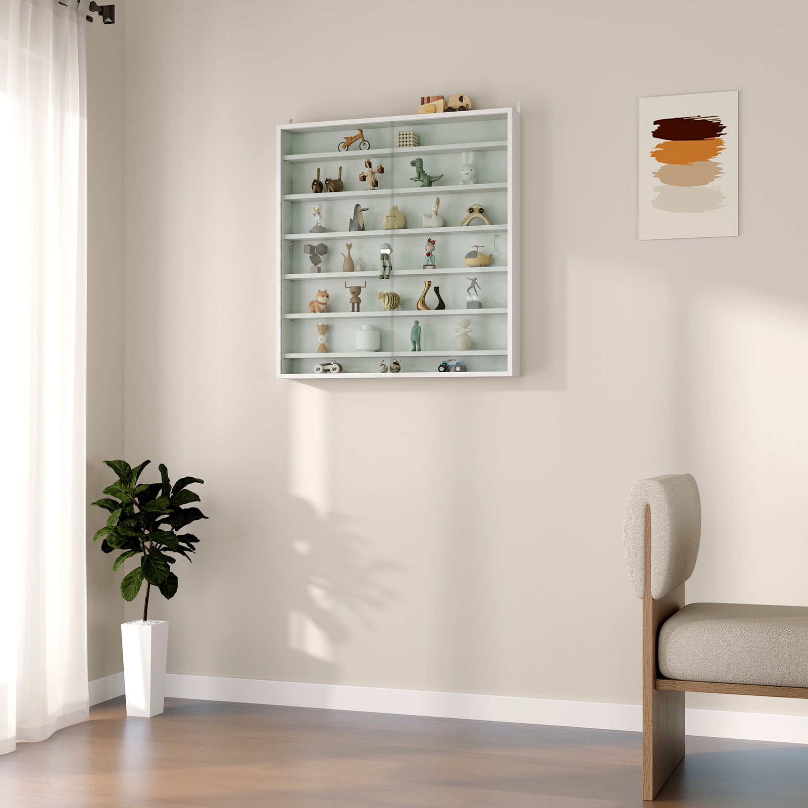 Vitrina de parede em madeira com prateleiras ajustáveis e 2 portas deslizantes de vidro 80x9,5x83 cm branco