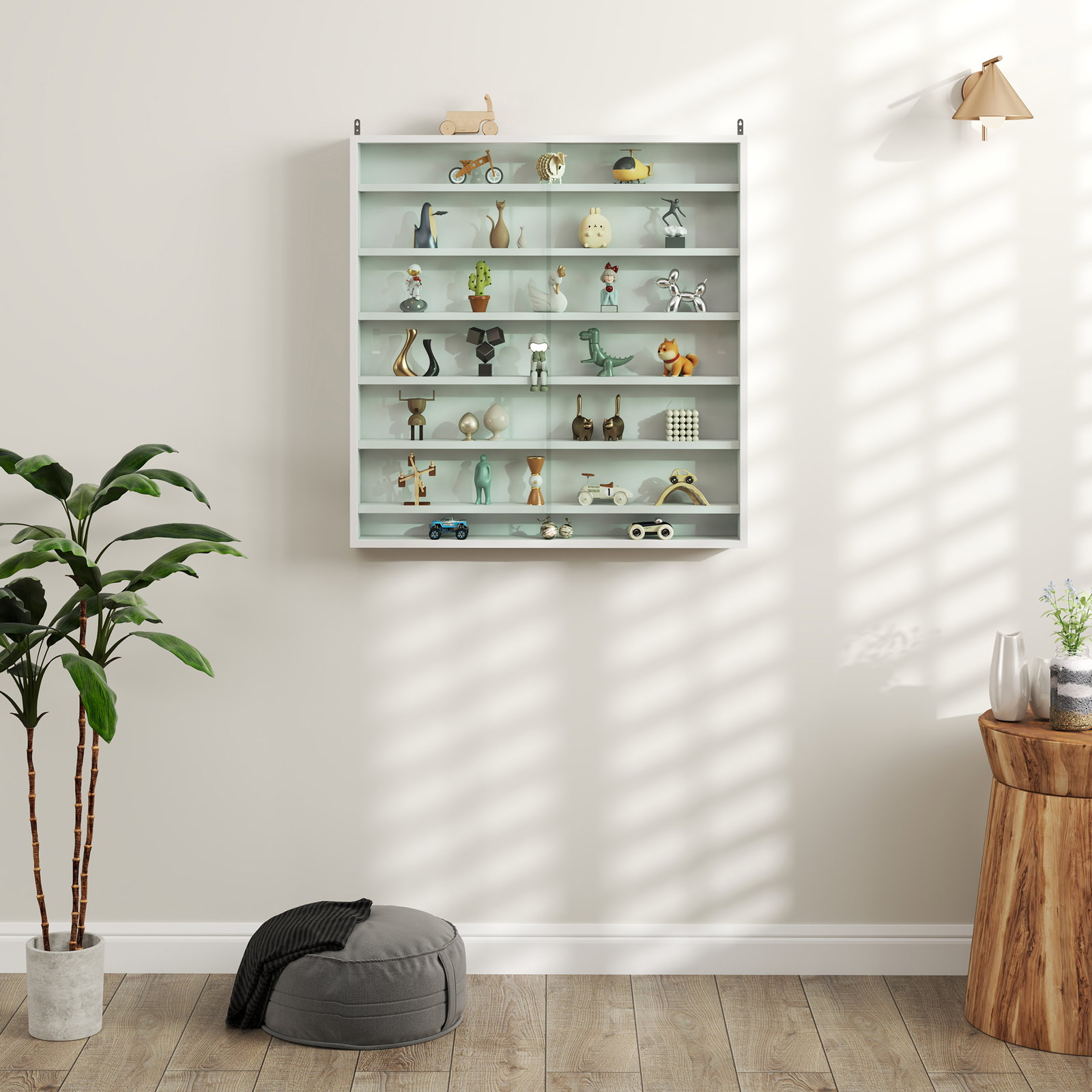 Vitrina de parede em madeira com prateleiras ajustáveis e 2 portas deslizantes de vidro 80x9,5x83 cm branco
