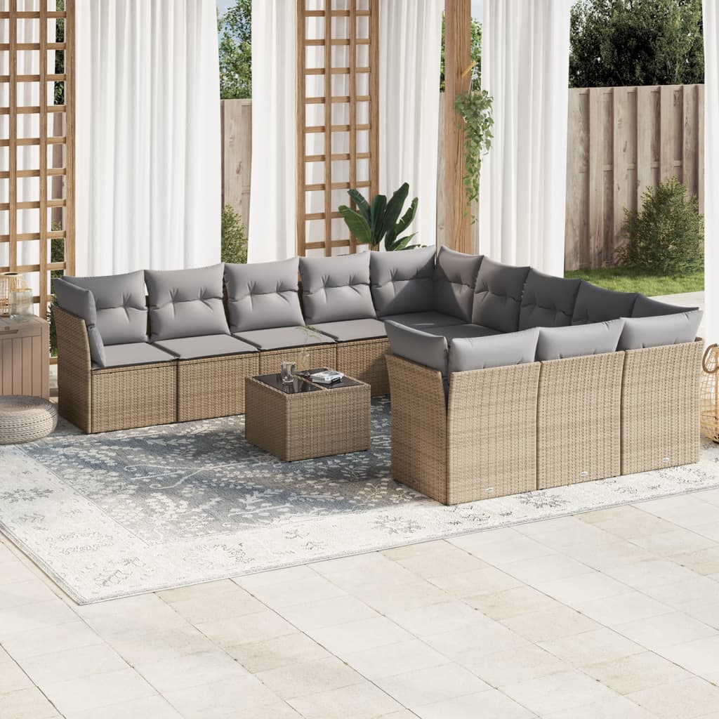 12 Pcs conjunto de sofás p/ jardim com almofadões vime PE bege
