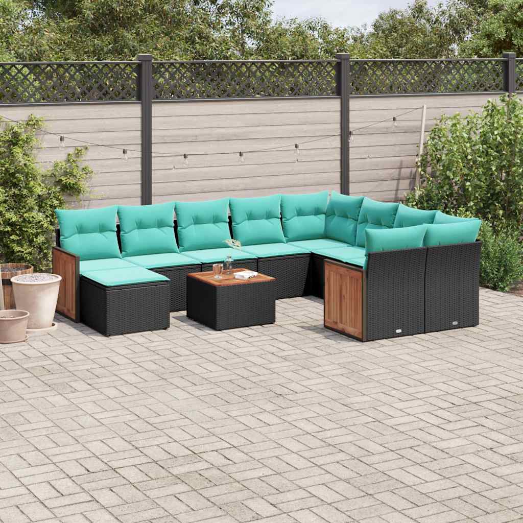 Conjunto de sofá de jardim com 11 peças e almofadas em rattan sintético preto