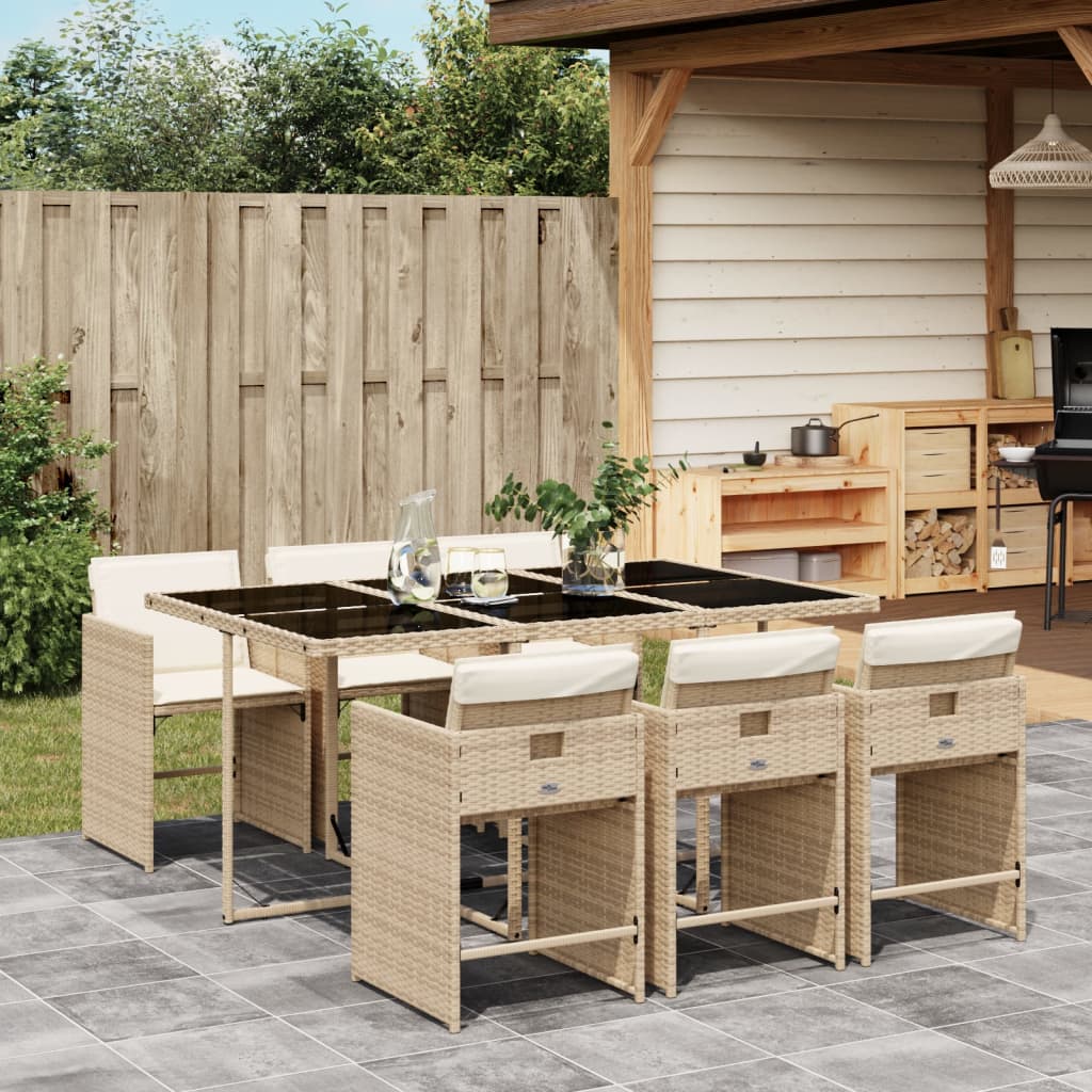 7 Pcs conjunto de jantar p/ jardim com almofadões vime PE bege