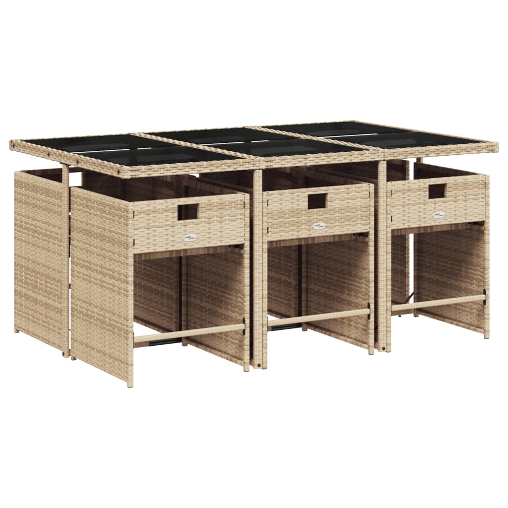 7 Pcs conjunto de jantar p/ jardim com almofadões vime PE bege