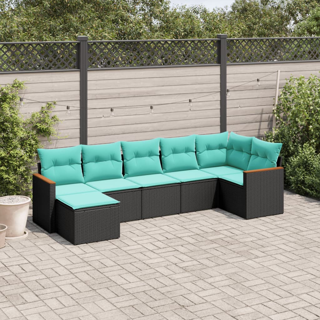 Conjunto de sofá de jardim com 7 peças e almofadas em rattan sintético preto