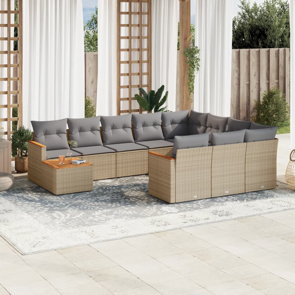 11 Pcs conj. sofás jardim c/ almofadões vime PE bege misturado