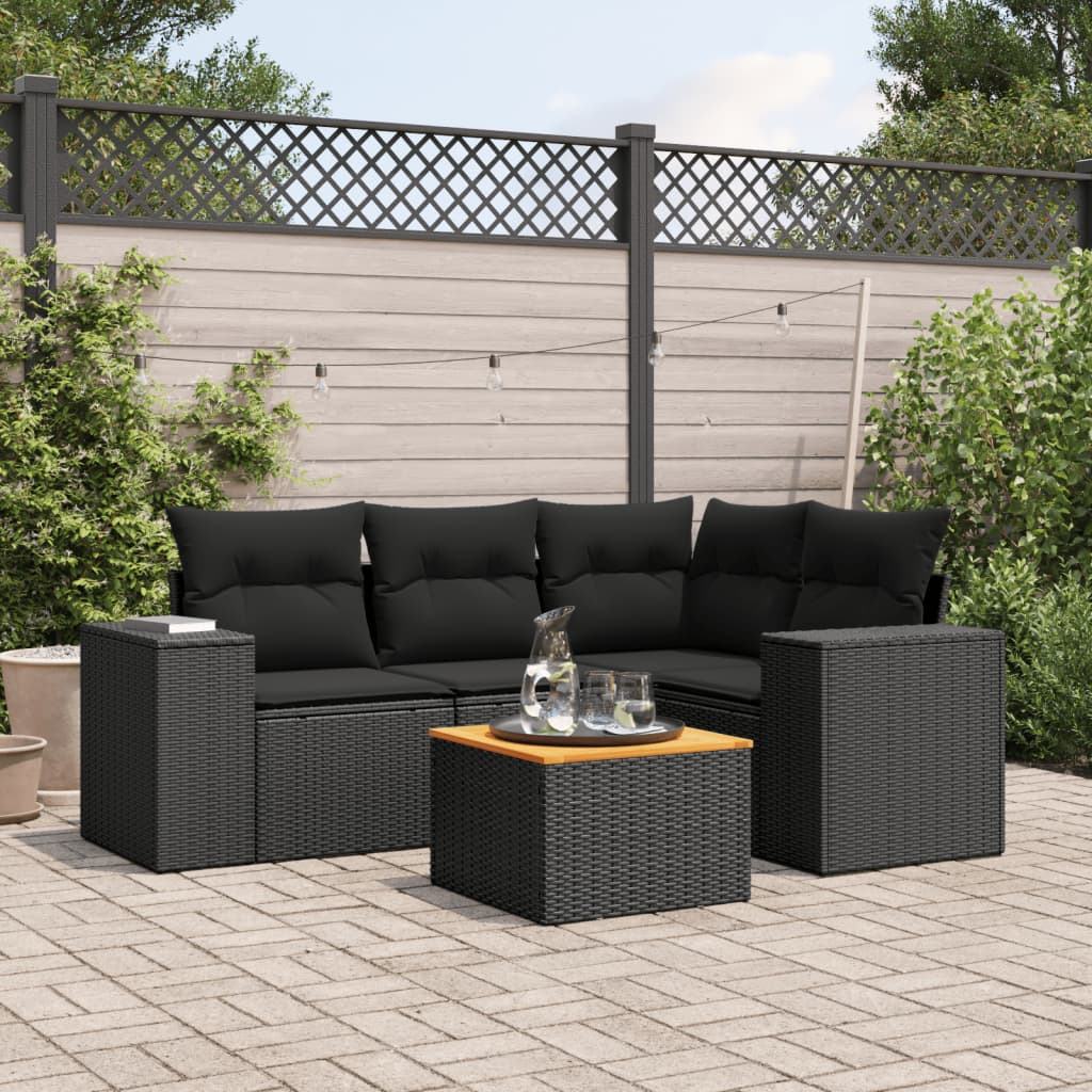 5 Pcs conjunto sofás de jardim com almofadões vime PE preto