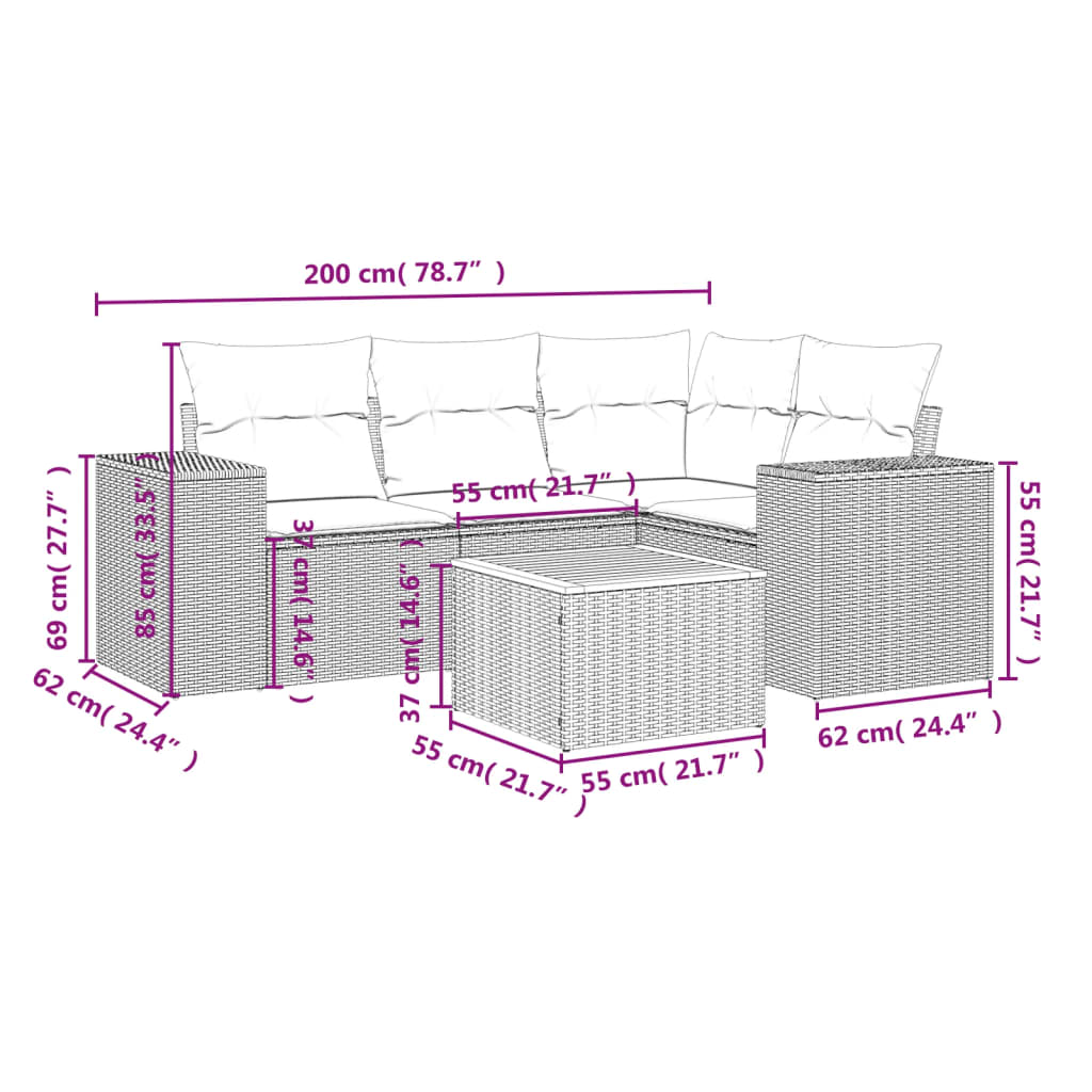 5 Pcs conjunto sofás de jardim com almofadões vime PE preto