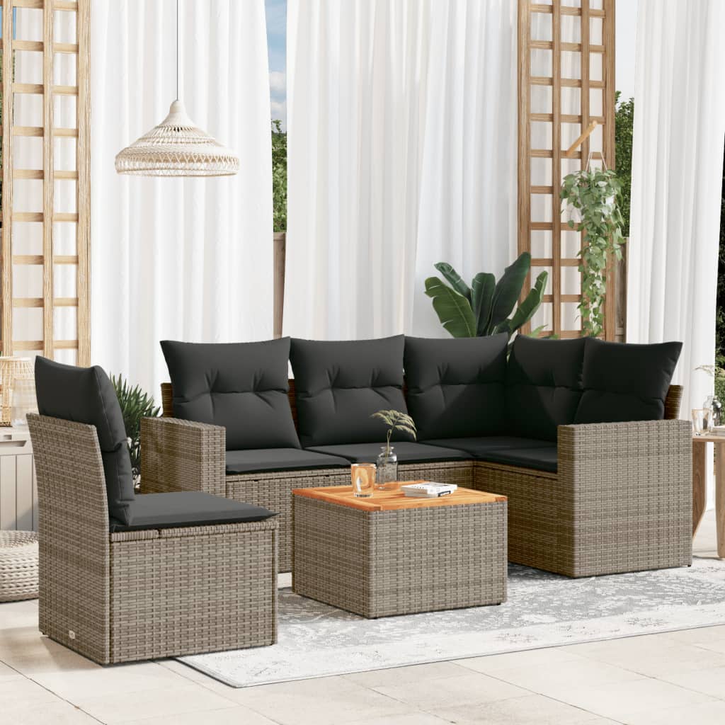 6 Pcs conjunto sofás de jardim com almofadões vime cinzento