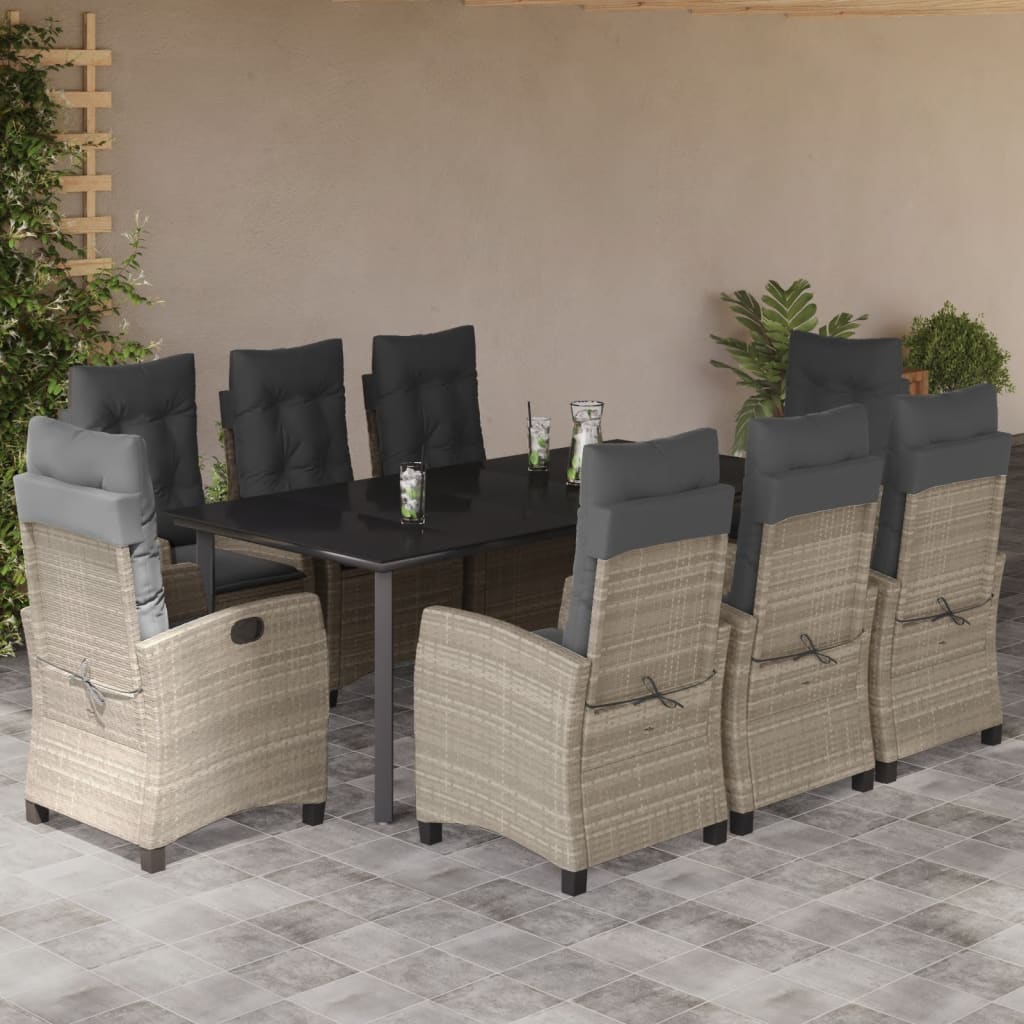 9 Pcs conjunto de jantar p/ jardim c/ almofadões cinzento claro