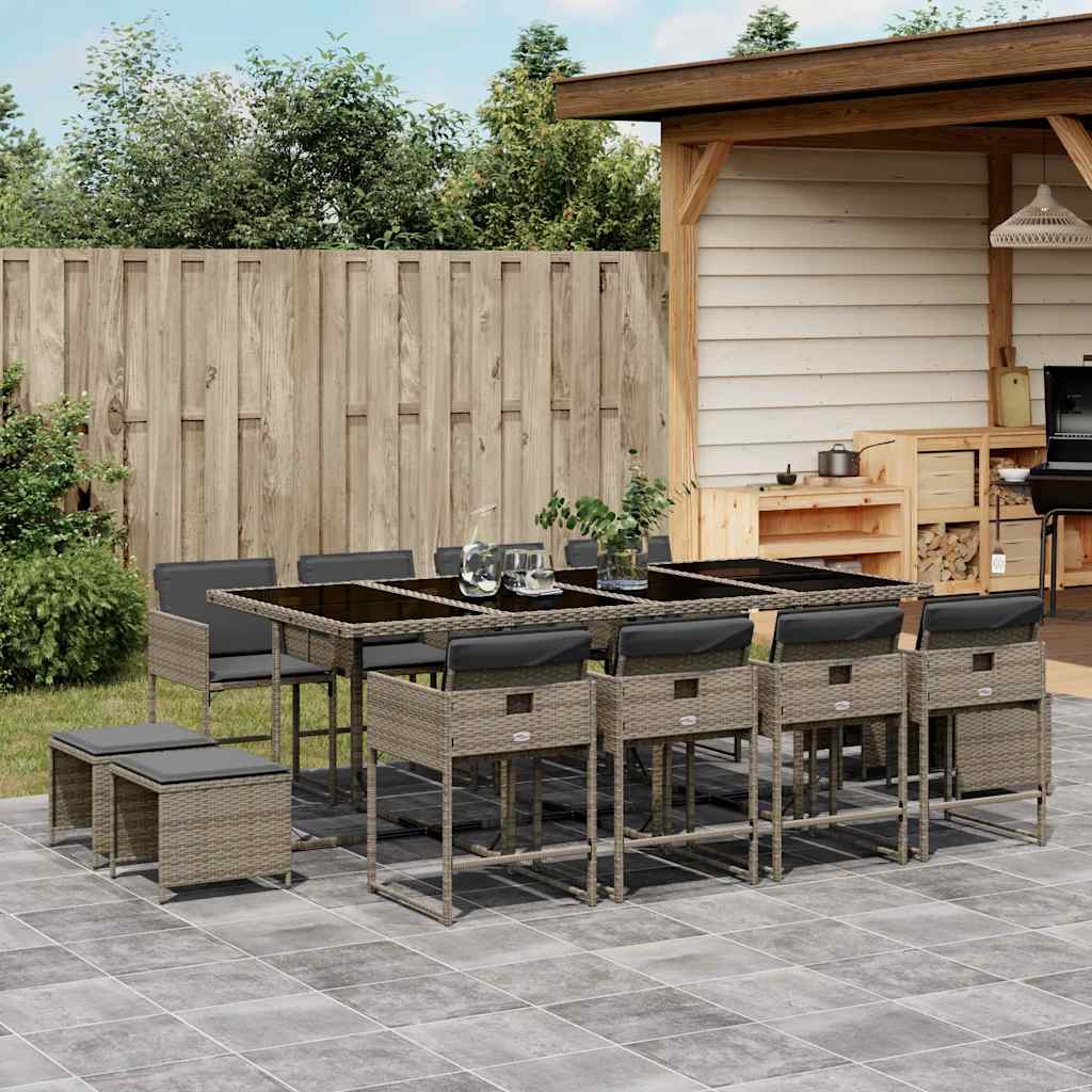 13 Pcs conjunto jantar p/ jardim c/ almofadões vime PE cinzento