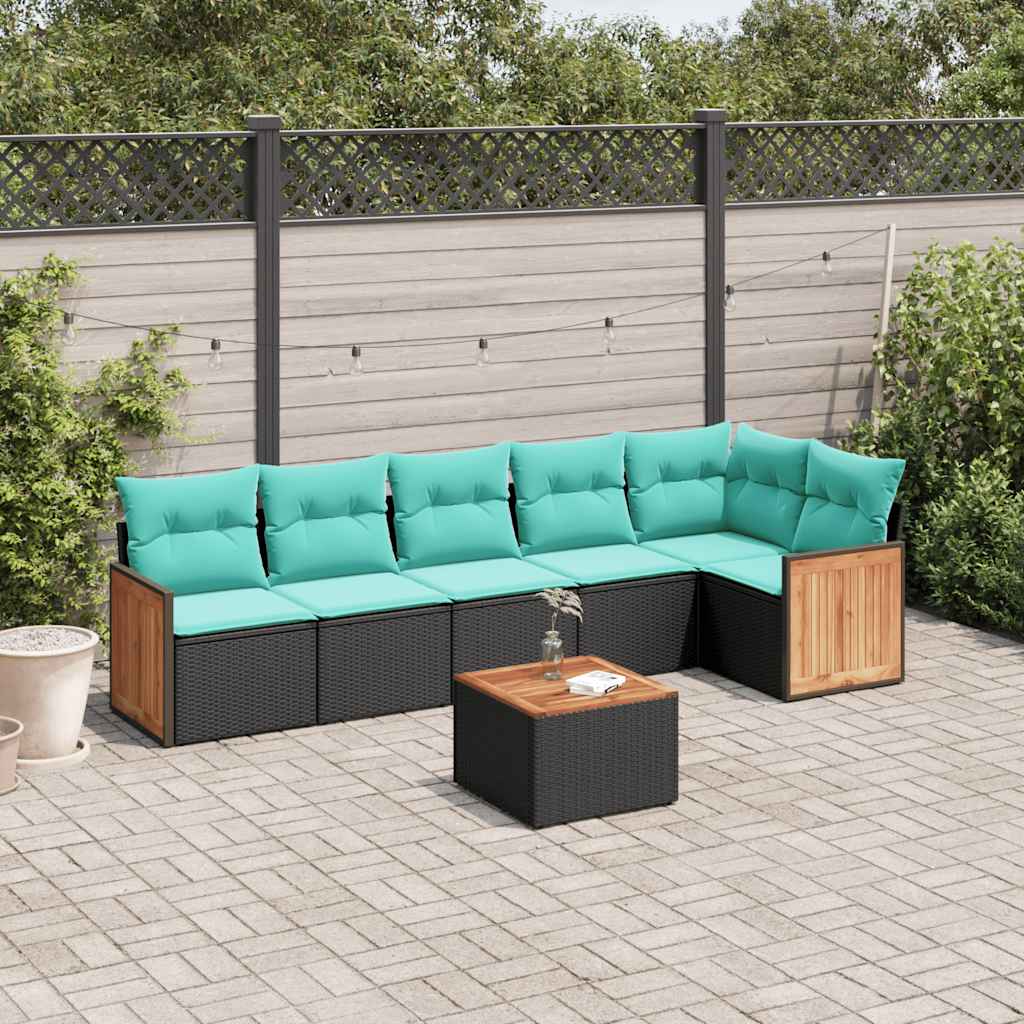 Conjunto de sofá de jardim com 7 peças e almofadas em rattan sintético preto
