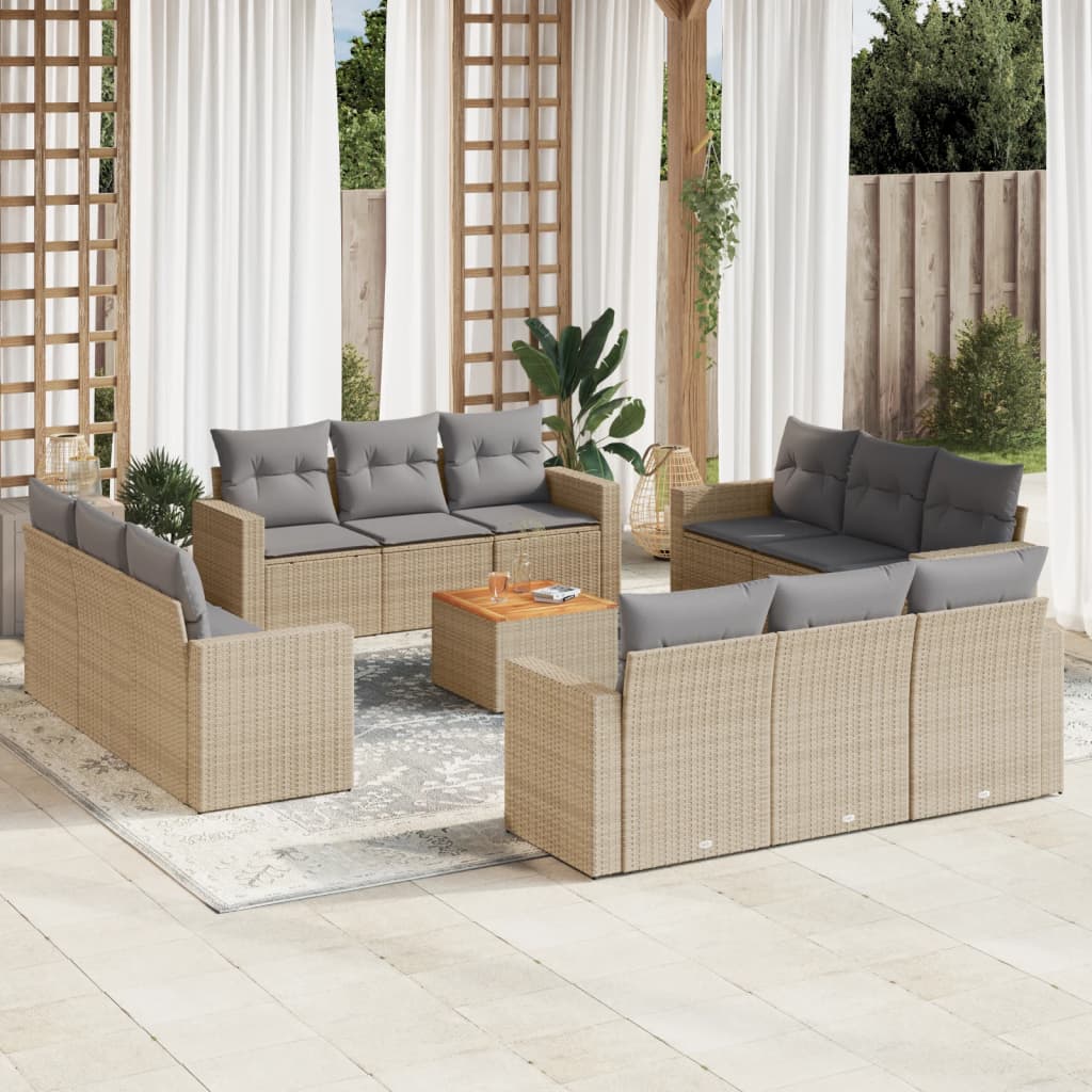 13 Pcs conjunto de sofás p/ jardim com almofadões vime PE bege