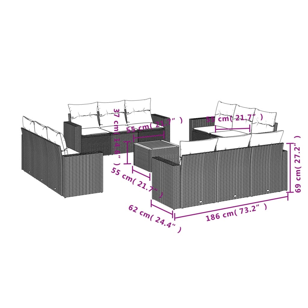 13 Pcs conjunto de sofás p/ jardim com almofadões vime PE bege