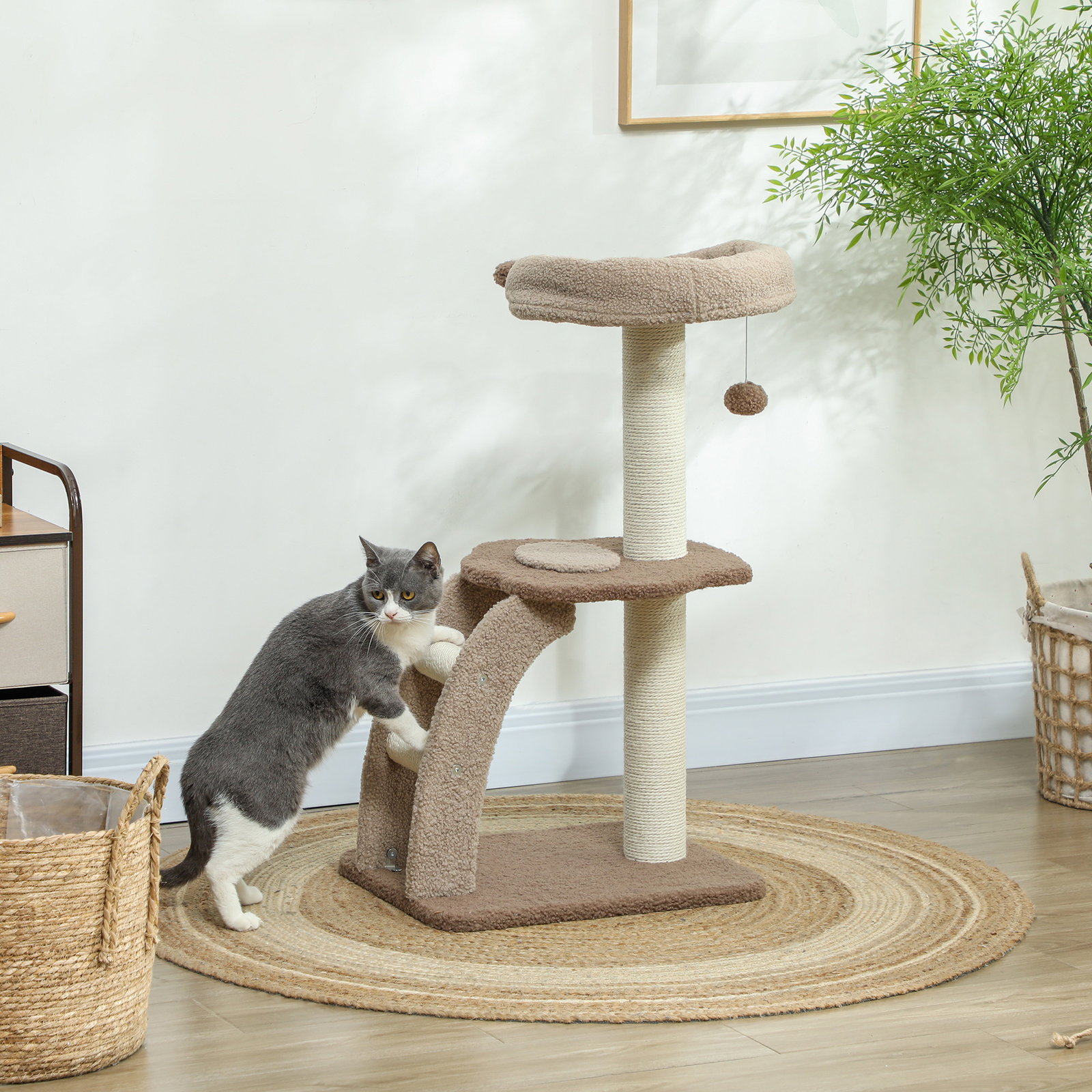 Arranhador para gatos altura 88 cm com cama plataforma bolsa suspensa escada e poste de juta 48x40x88 cm marrom claro