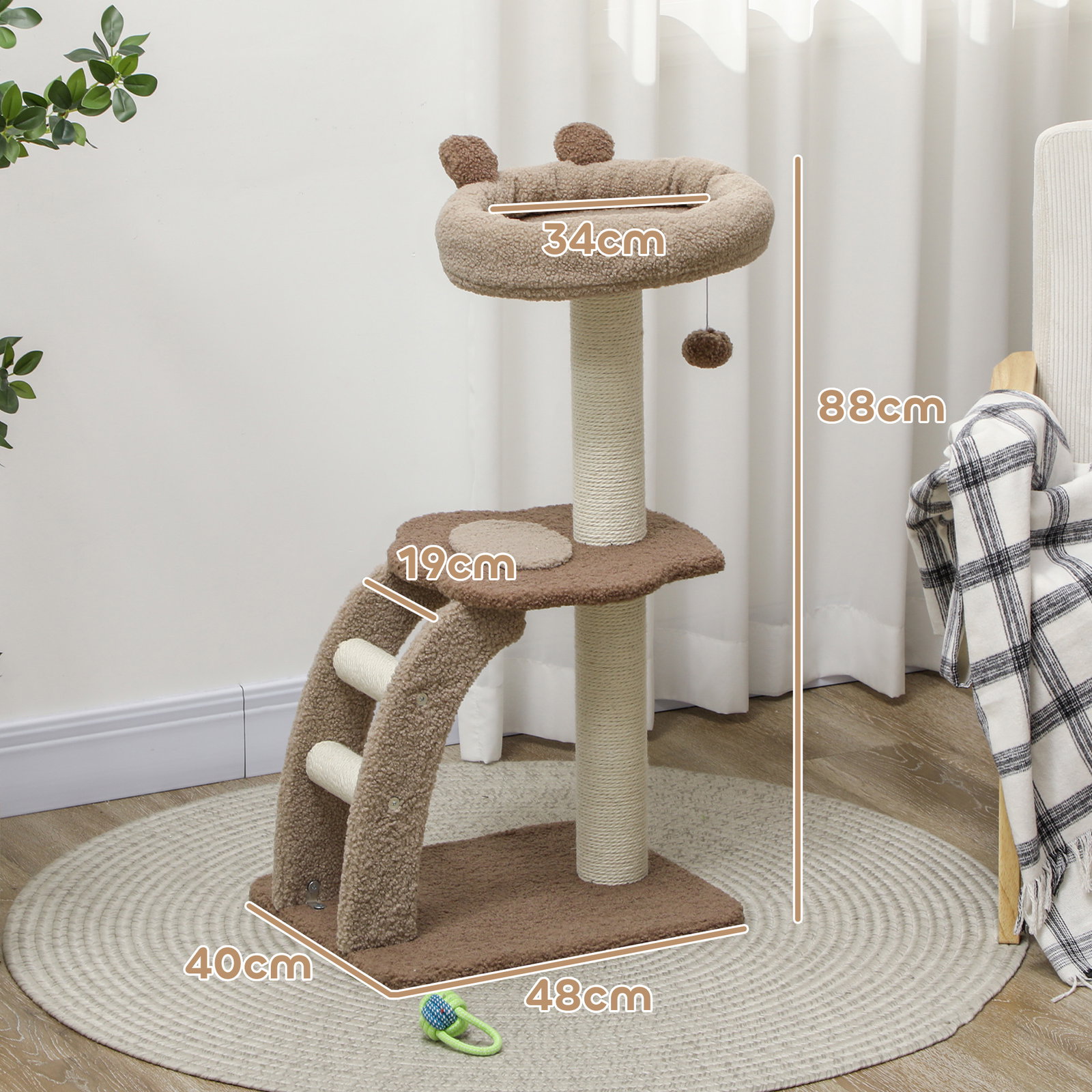 Arranhador para gatos altura 88 cm com cama plataforma bolsa suspensa escada e poste de juta 48x40x88 cm marrom claro