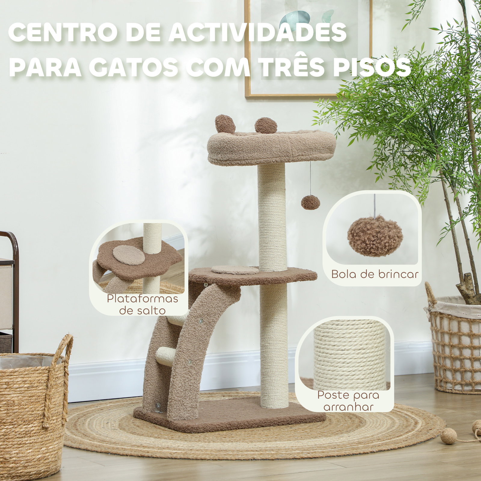Arranhador para gatos altura 88 cm com cama plataforma bolsa suspensa escada e poste de juta 48x40x88 cm marrom claro