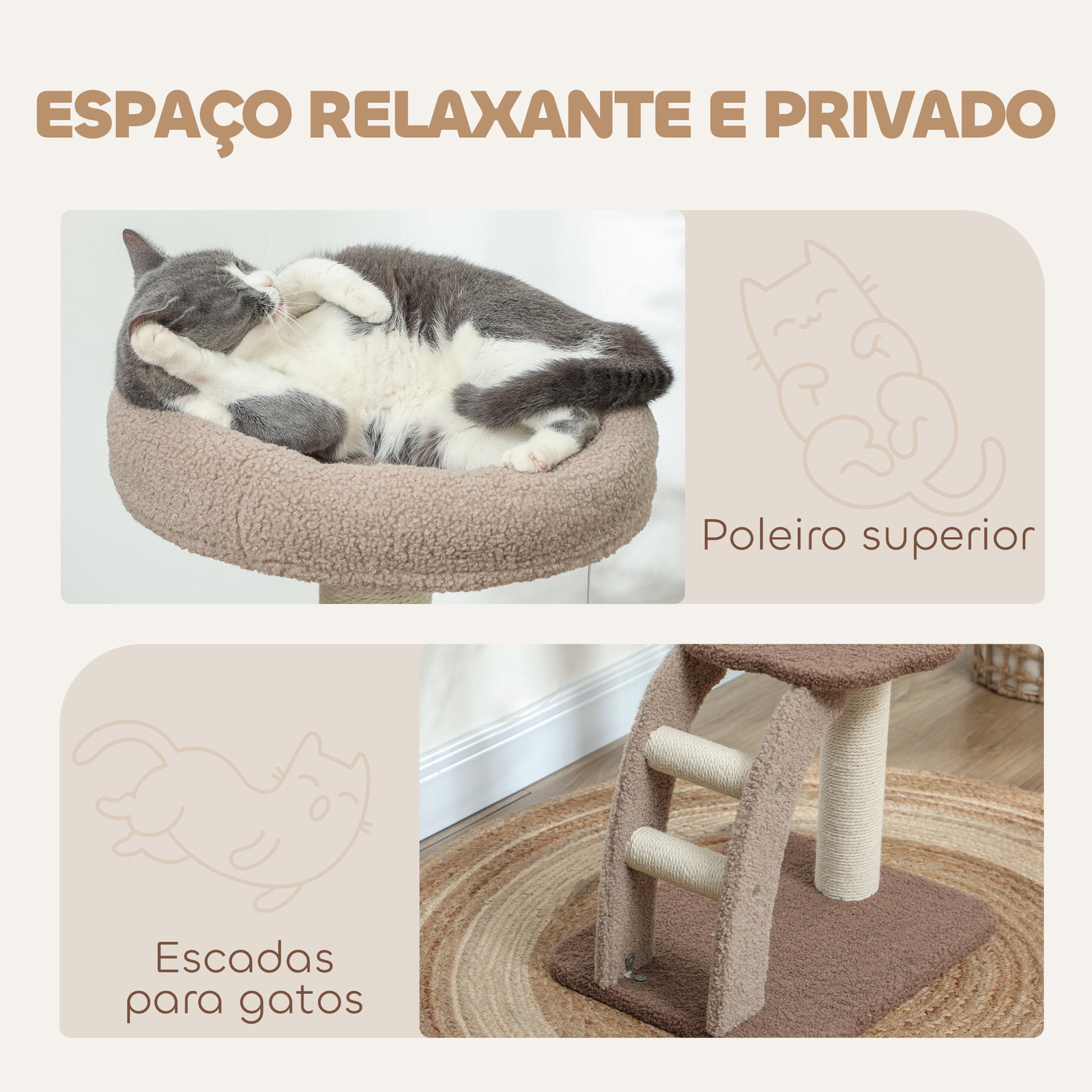 Arranhador para gatos altura 88 cm com cama plataforma bolsa suspensa escada e poste de juta 48x40x88 cm marrom claro