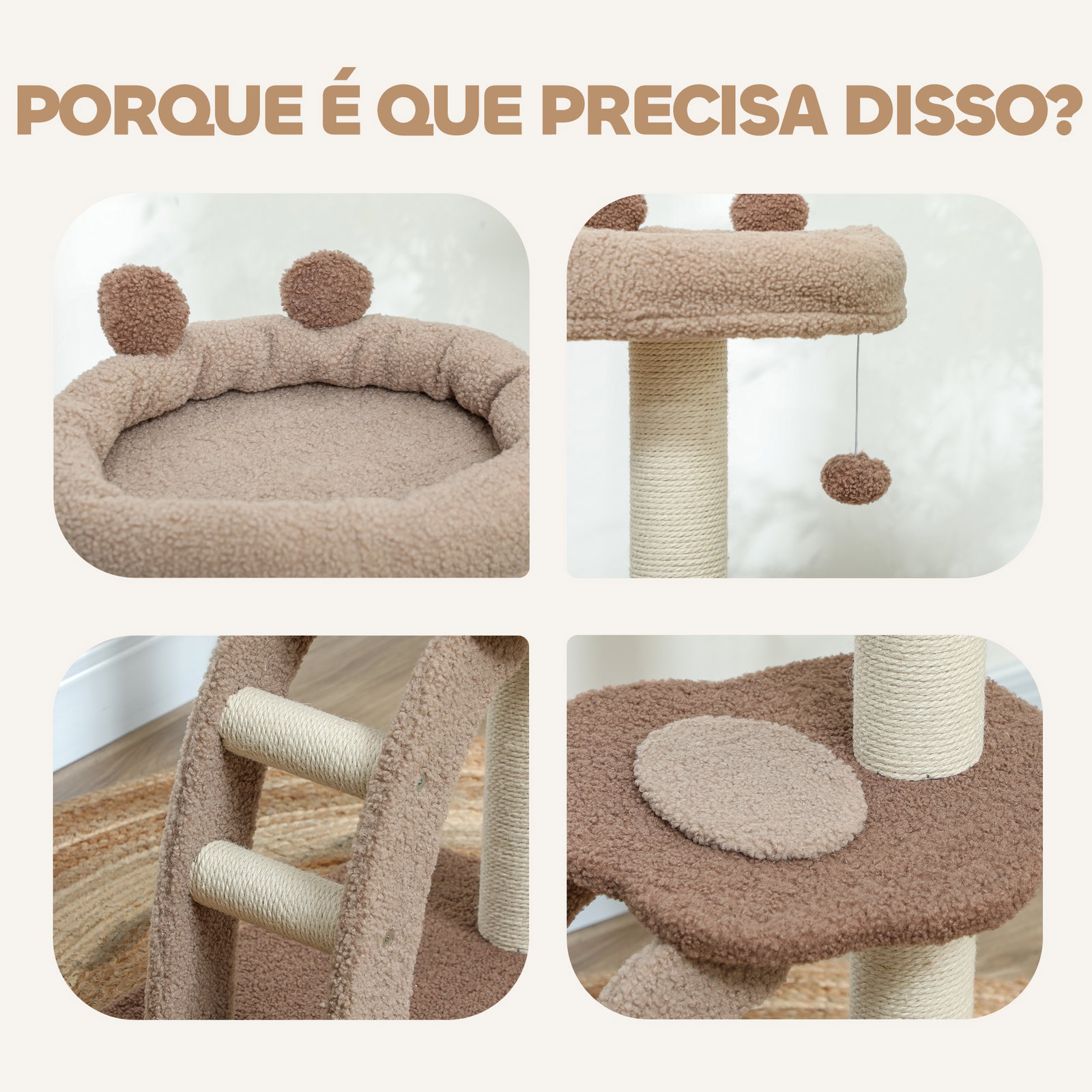 Arranhador para gatos altura 88 cm com cama plataforma bolsa suspensa escada e poste de juta 48x40x88 cm marrom claro