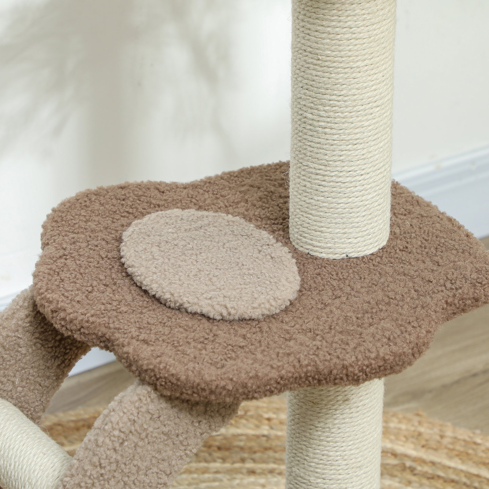Arranhador para gatos altura 88 cm com cama plataforma bolsa suspensa escada e poste de juta 48x40x88 cm marrom claro