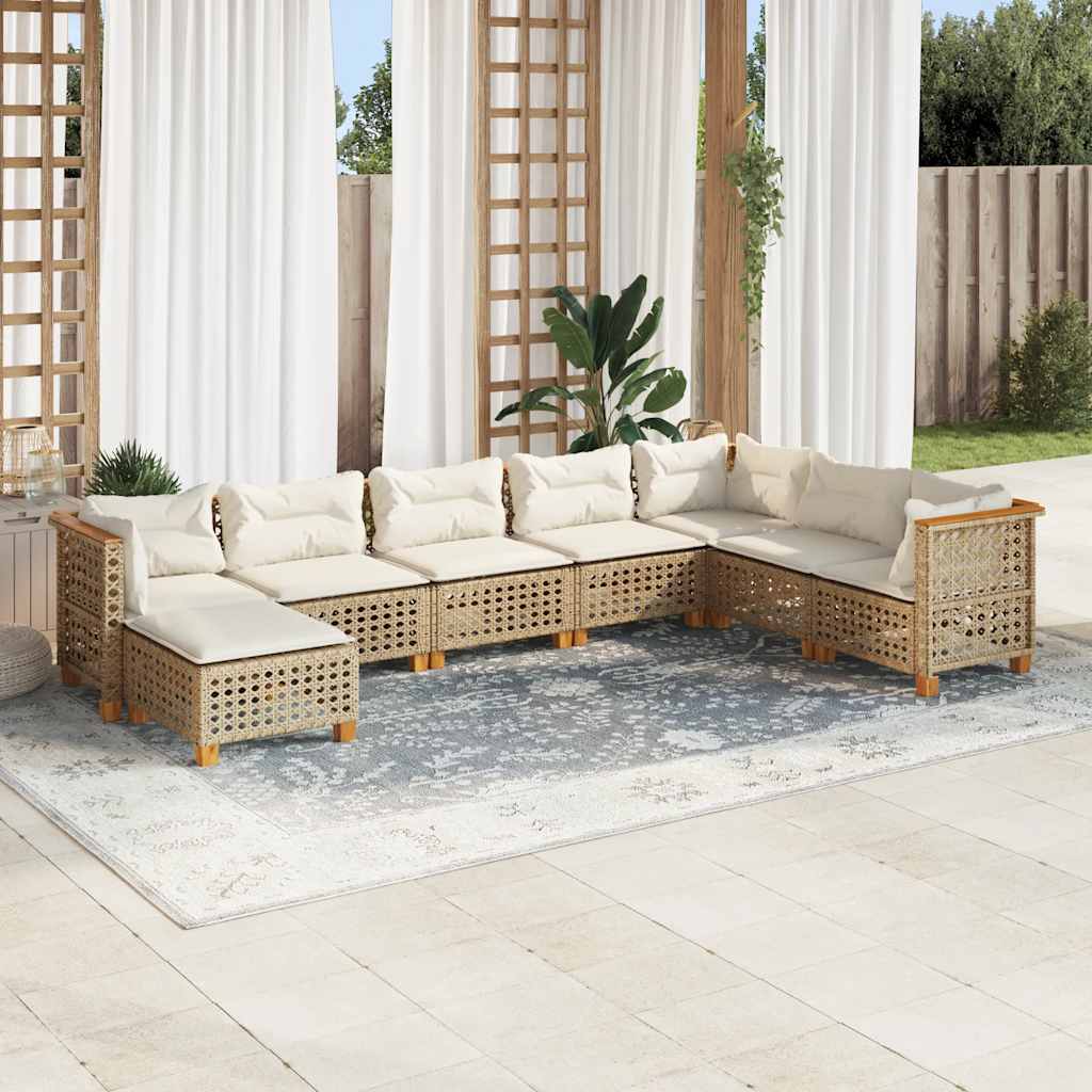 8 Pcs conjunto de sofás p/ jardim com almofadões vime PE bege