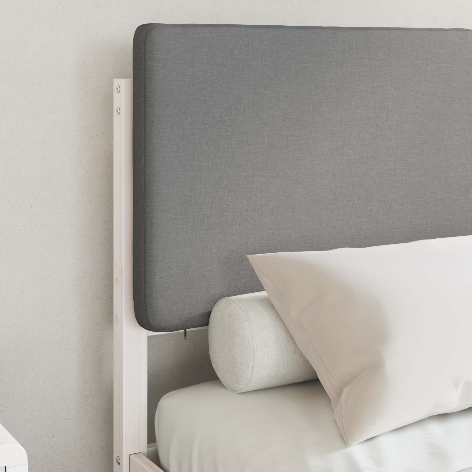 Estrutura de cama com cabeceira estofada cinzento-claro
