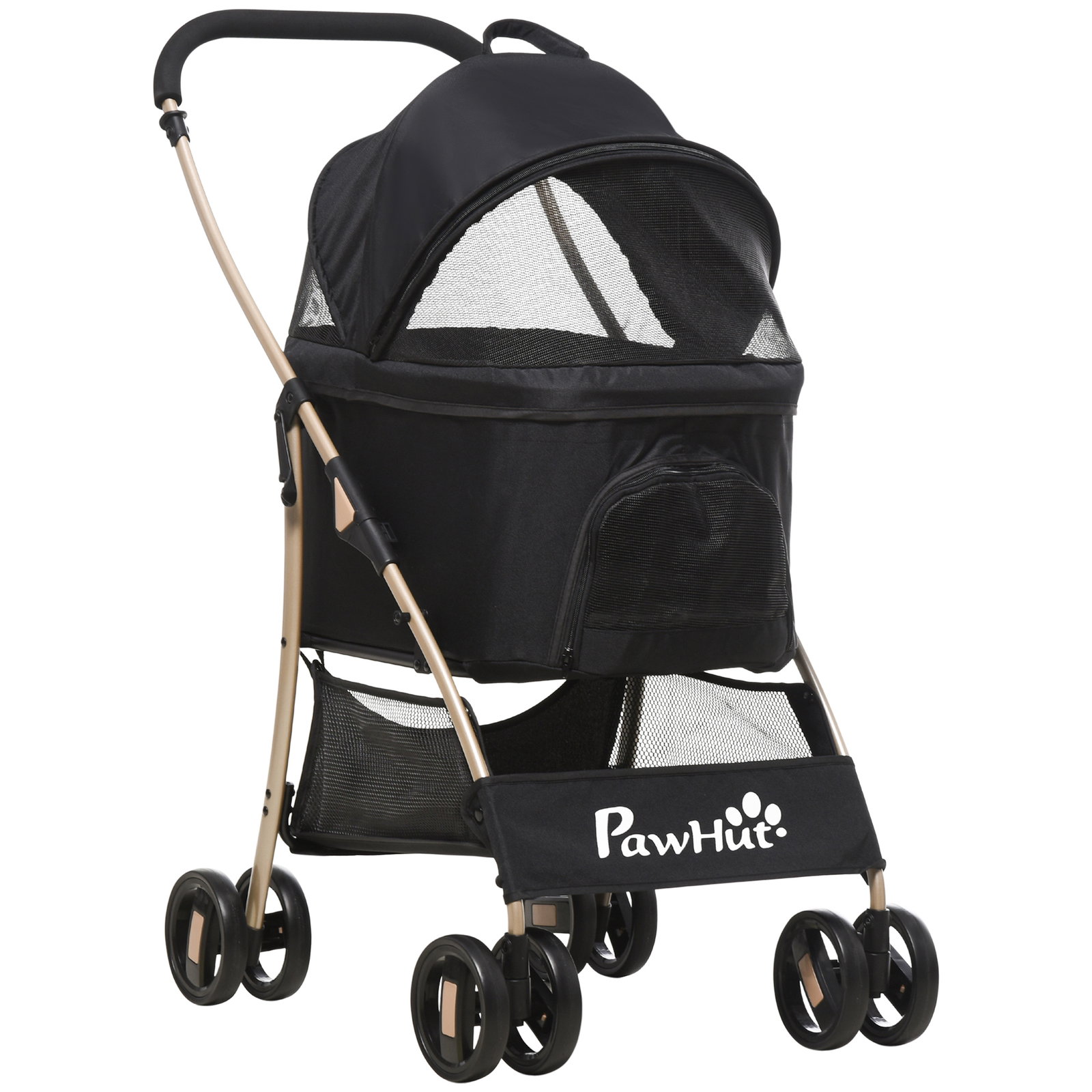 Carrinho para animais de estimação 3 em 1 dobrável com bolsa de transporte cesta de armazenamento e travão 82x49,5x98cm preto