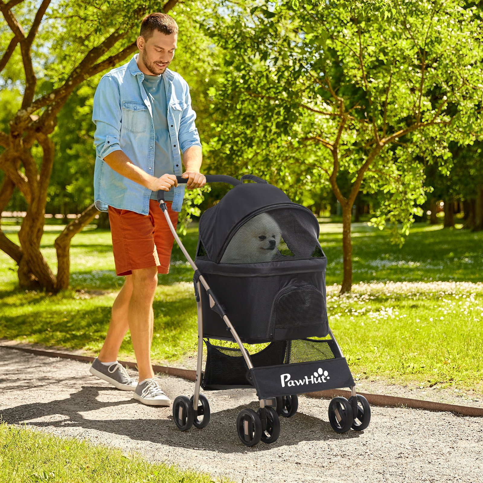 Carrinho para animais de estimação 3 em 1 dobrável com bolsa de transporte cesta de armazenamento e travão 82x49,5x98cm preto
