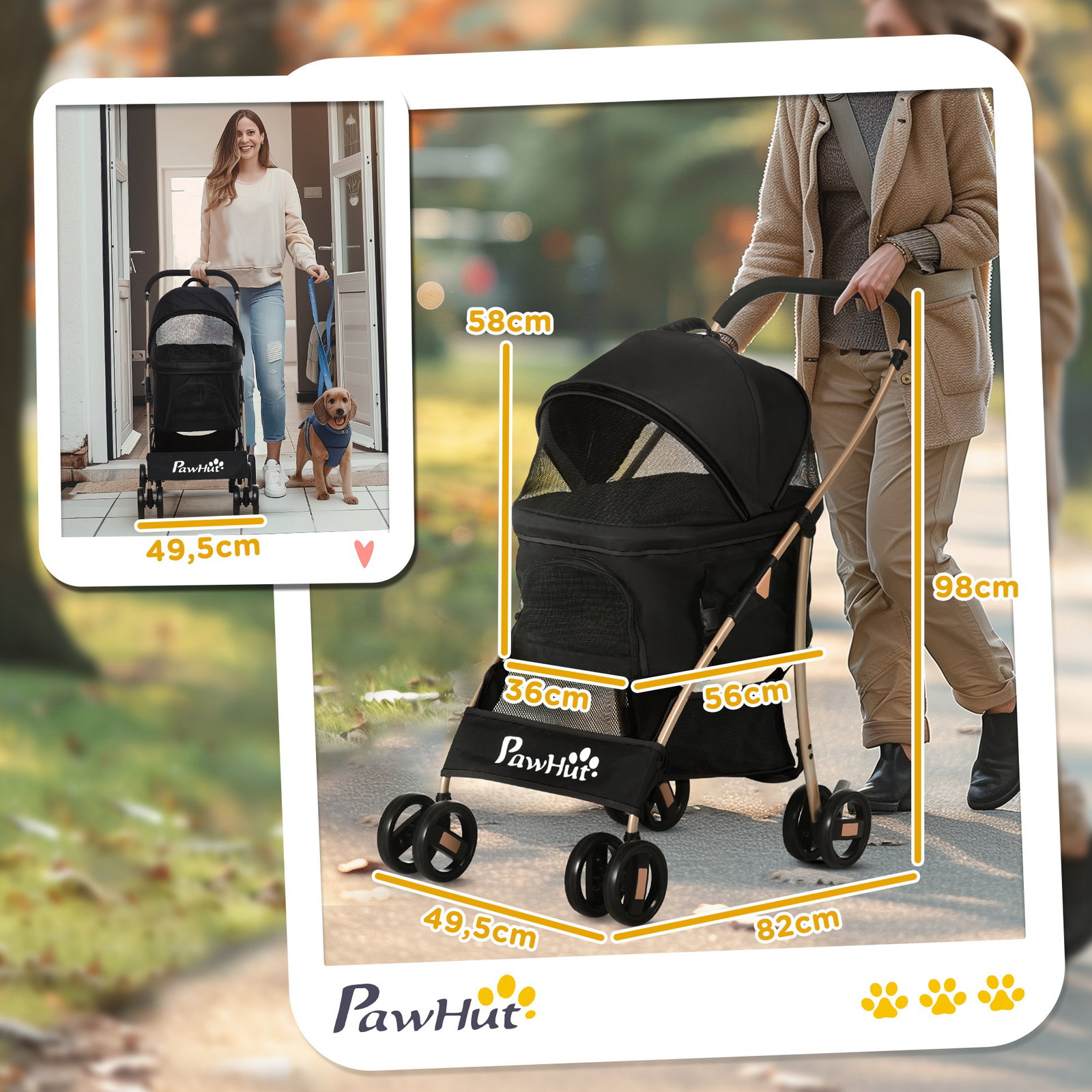 Carrinho para animais de estimação 3 em 1 dobrável com bolsa de transporte cesta de armazenamento e travão 82x49,5x98cm preto