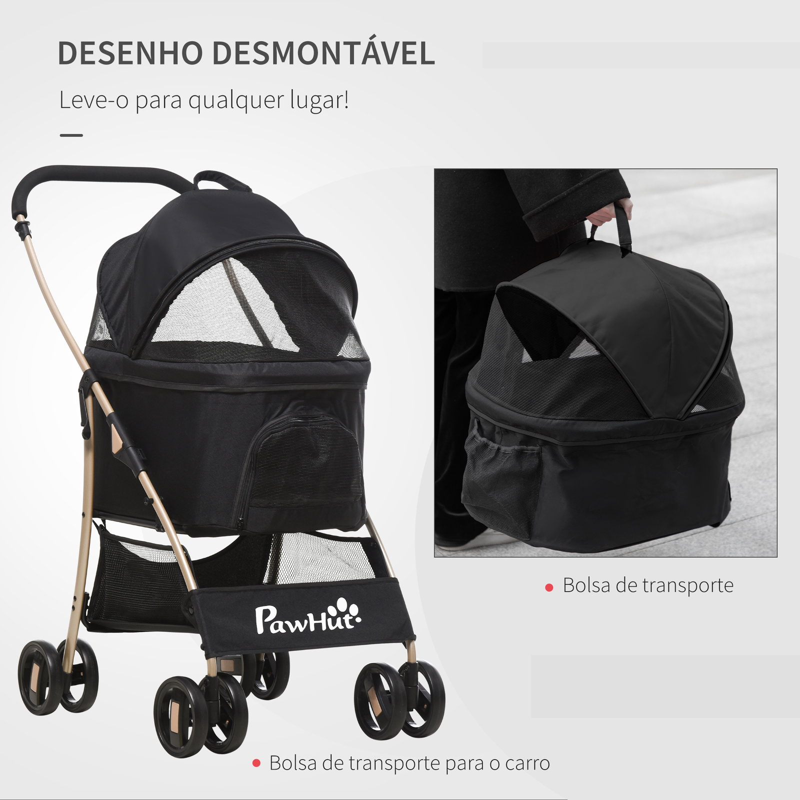 Carrinho para animais de estimação 3 em 1 dobrável com bolsa de transporte cesta de armazenamento e travão 82x49,5x98cm preto