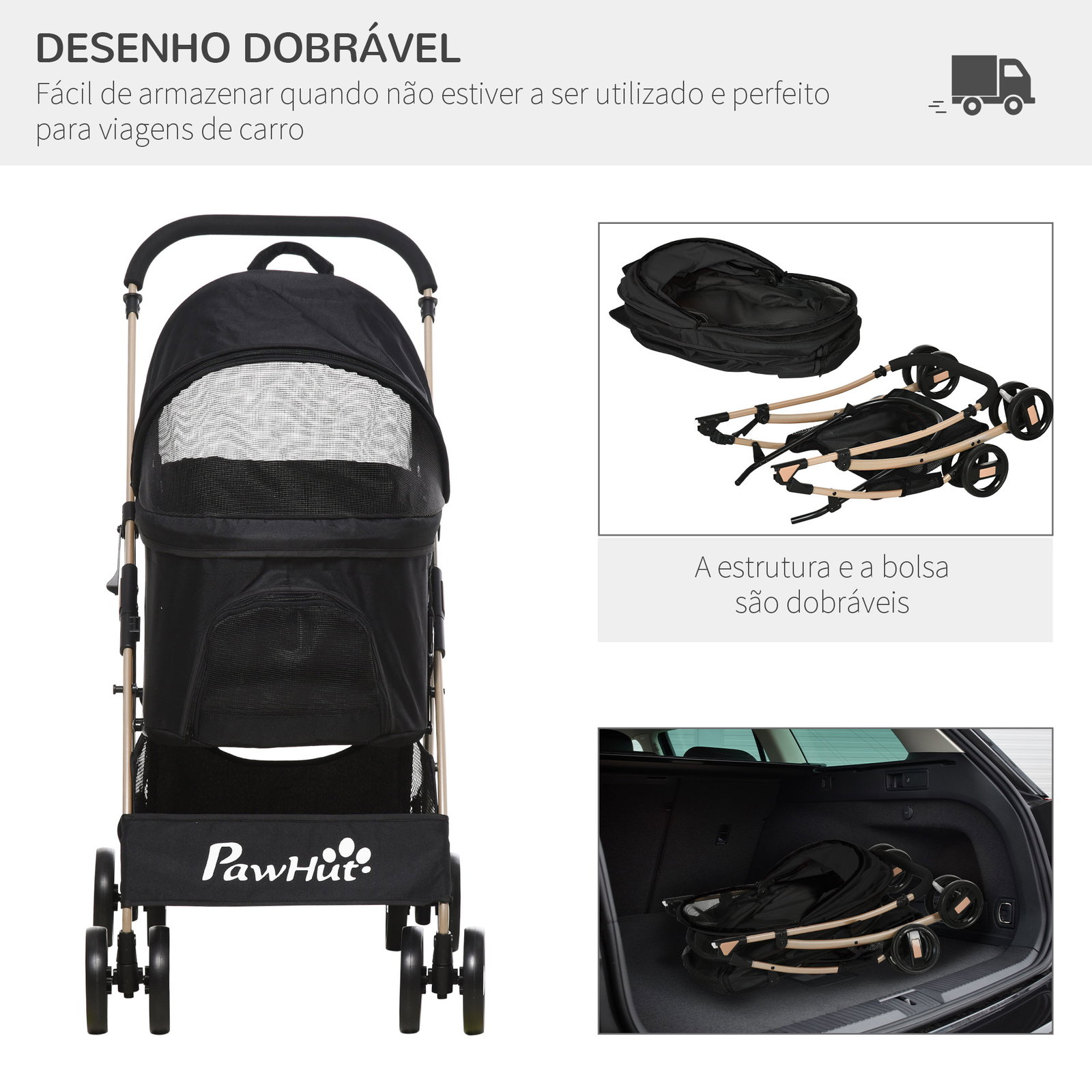 Carrinho para animais de estimação 3 em 1 dobrável com bolsa de transporte cesta de armazenamento e travão 82x49,5x98cm preto